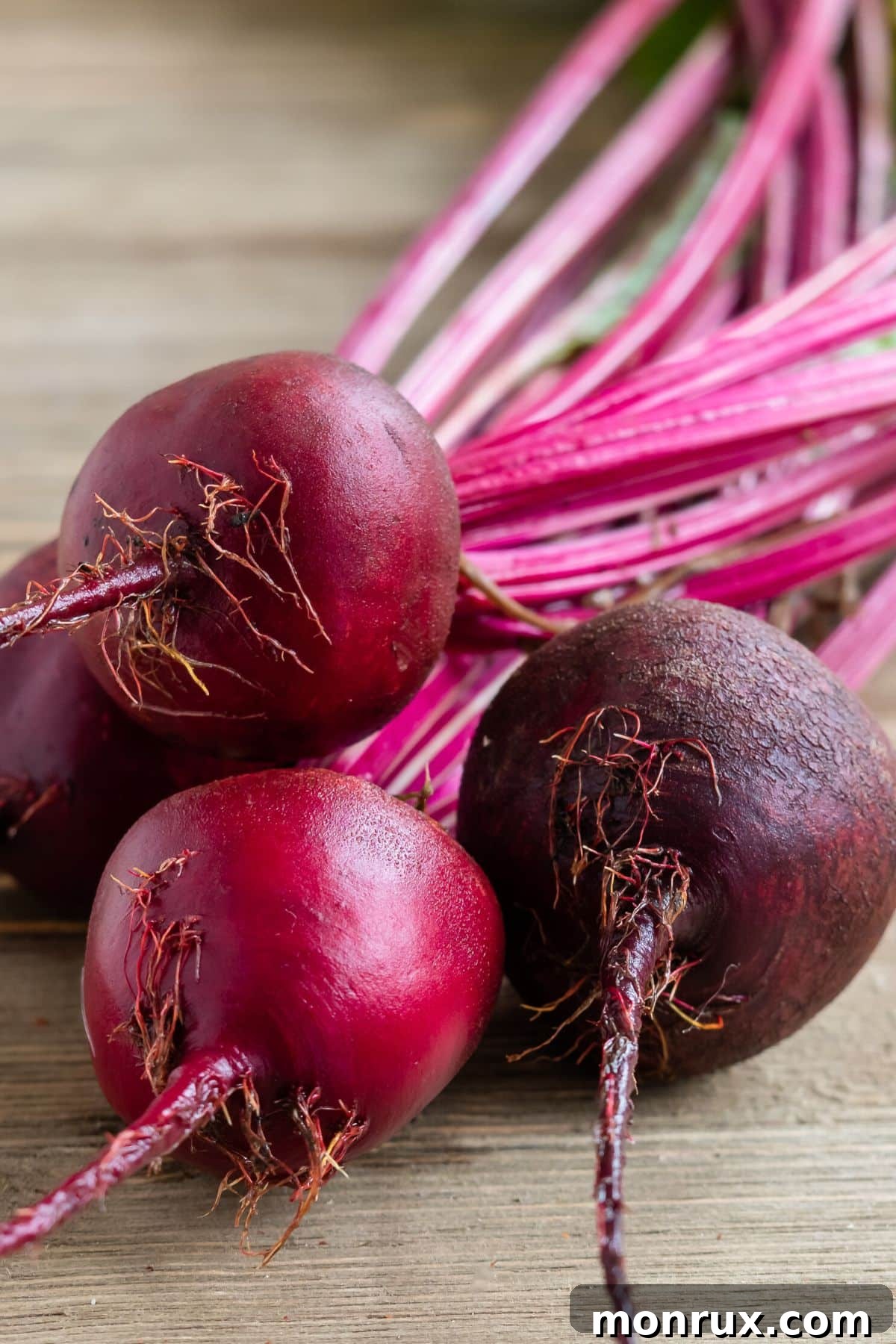 Fresh, earthy beets resting on a rustic wooden cutting board, ready for preparation.