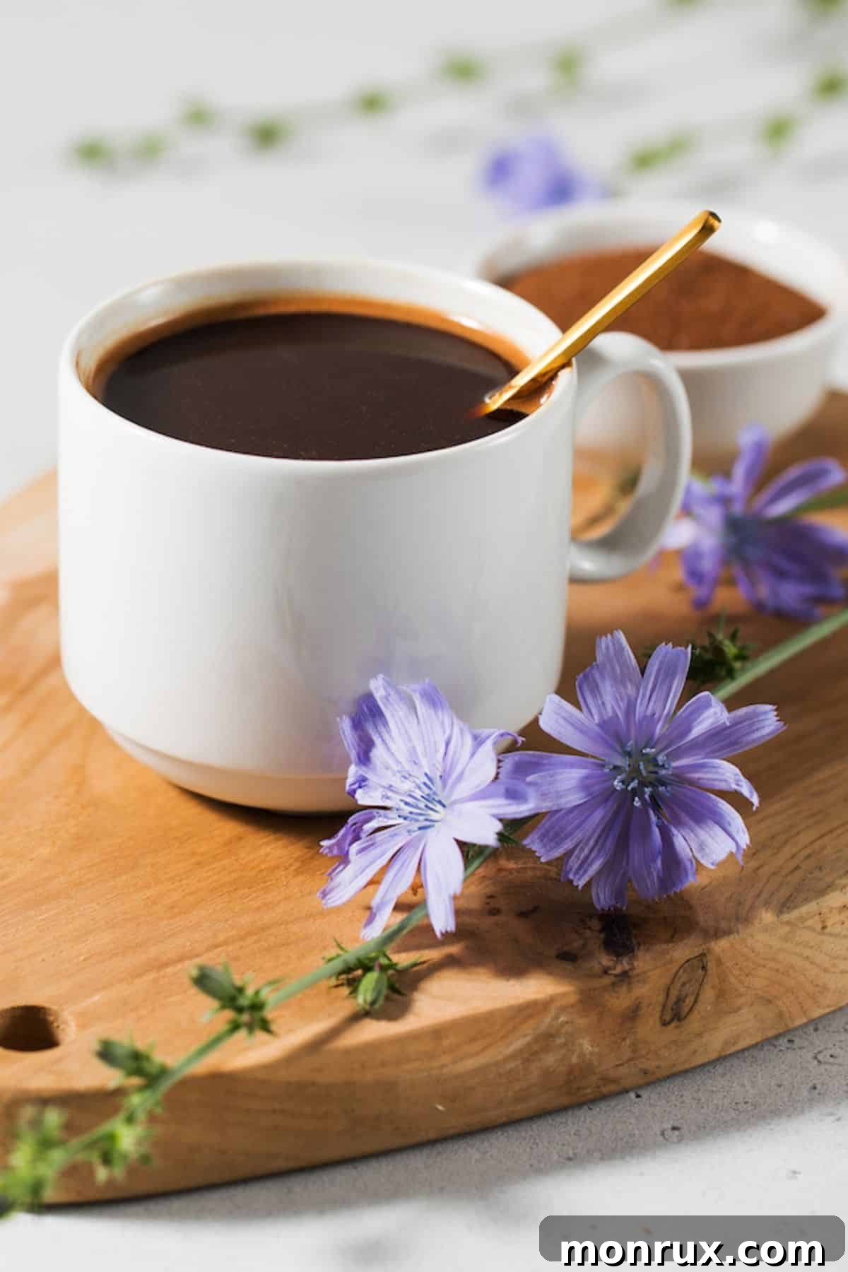Mug of herbal coffee on a wooden board. A delicious and healthy caffeine-free alternative.