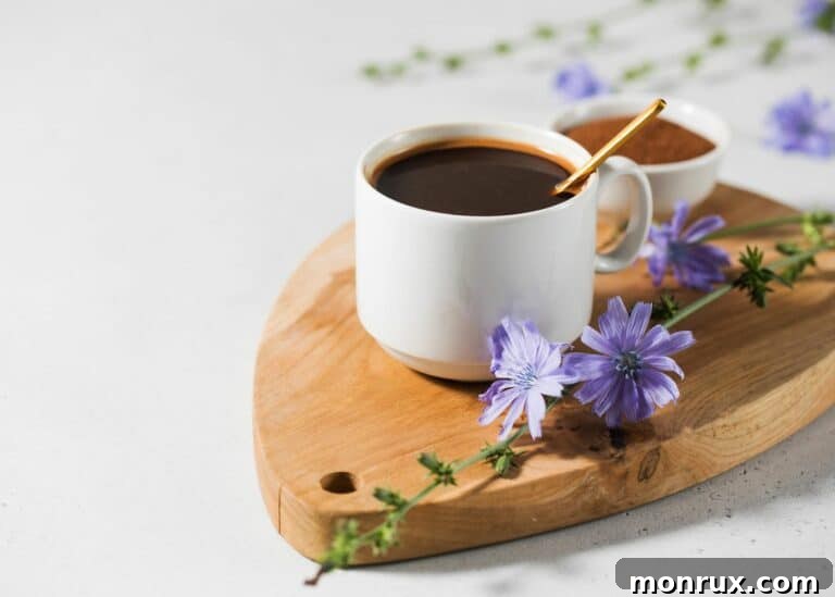 Mug of herbal coffee on a wooden board.
