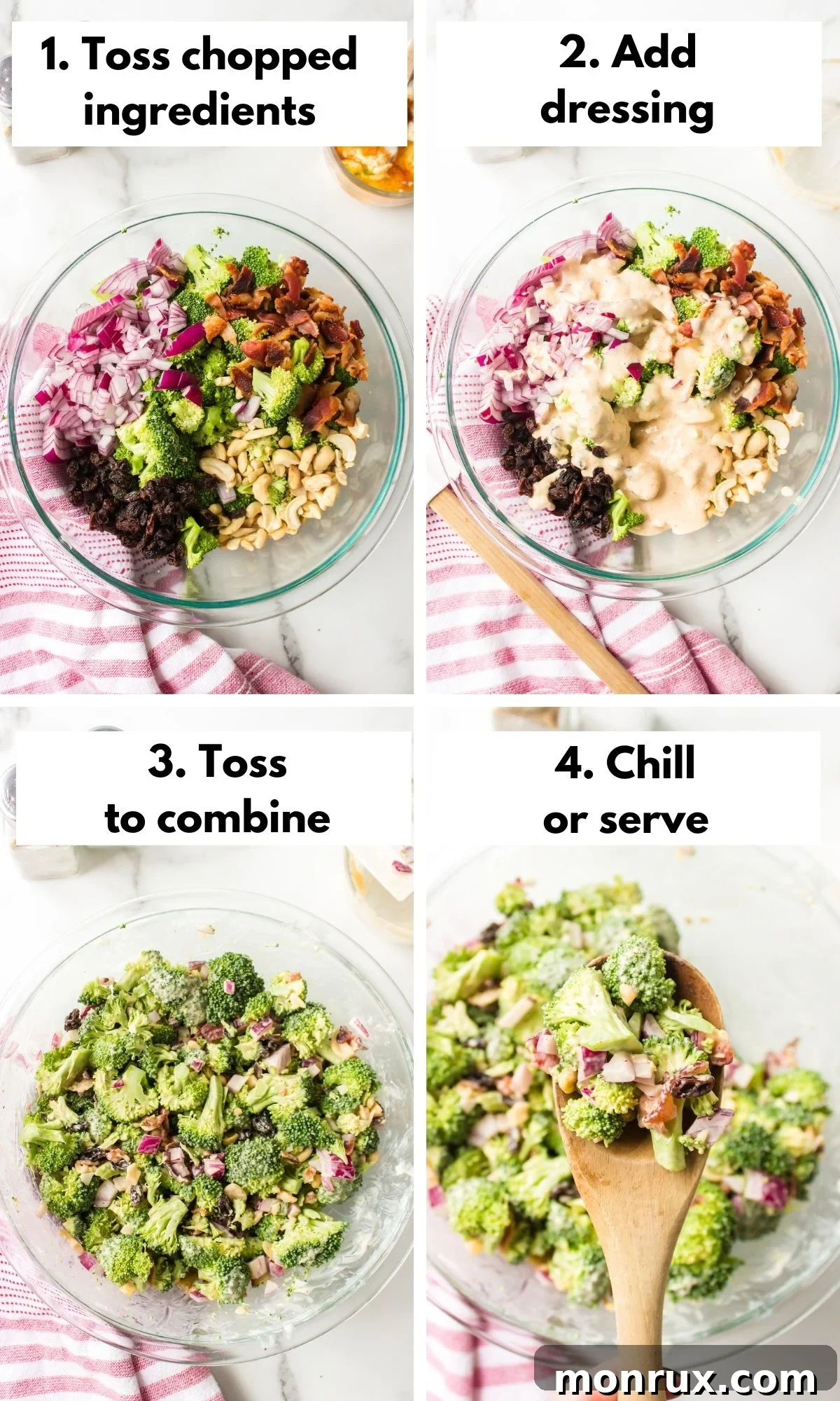 A photo collage illustrating the four key stages of preparing a homemade broccoli crunch salad, from combining ingredients to adding dressing and the final toss.