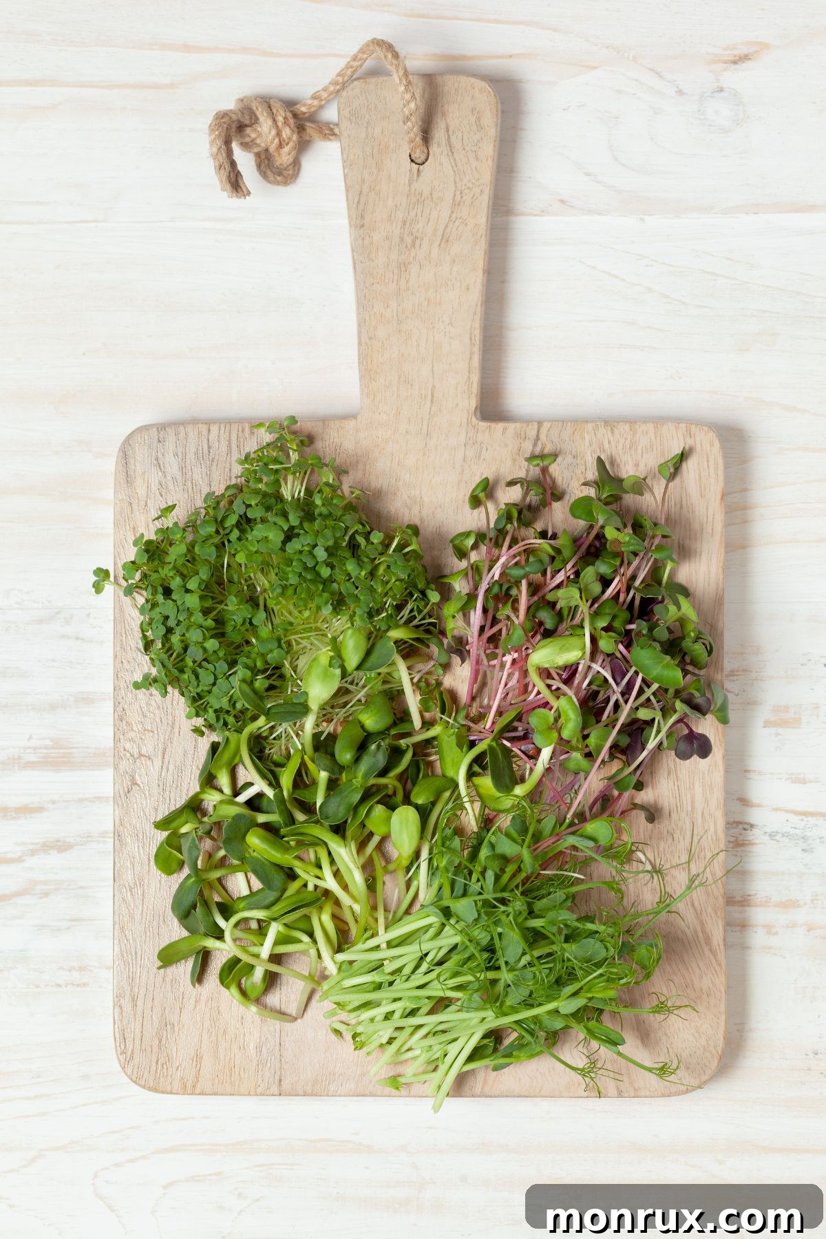 A vibrant assortment of microgreens, including arugula, radish, and broccoli, artfully arranged on a wooden cutting board.