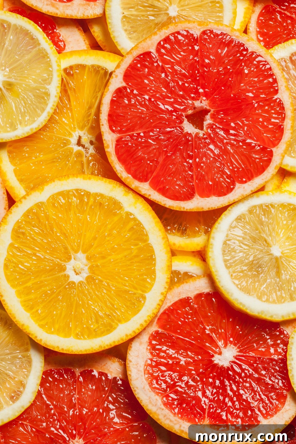 Various slices of vibrant orange fruits, including oranges, cantaloupe, and apricots, artfully stacked on top of each other, showcasing their rich color and inviting textures.