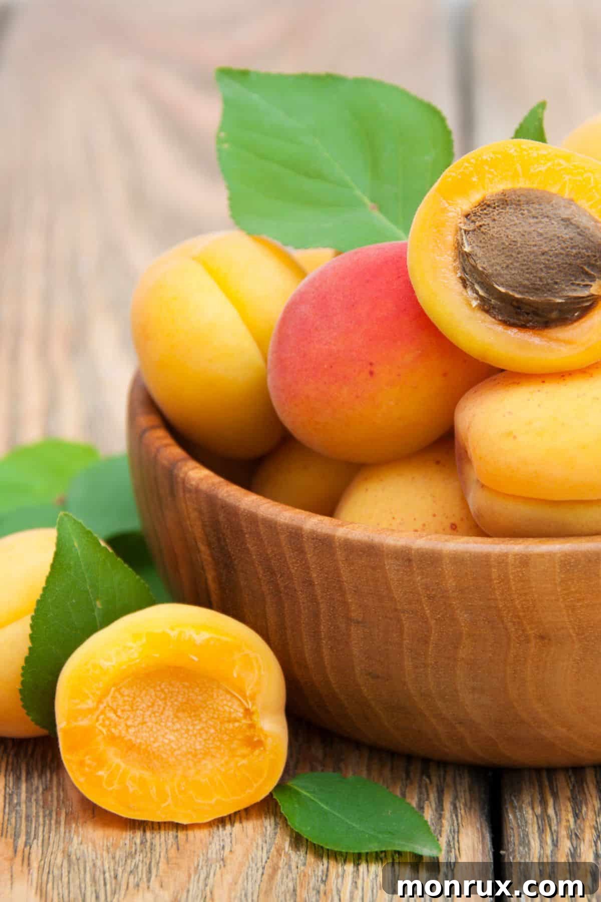 A rustic wooden bowl brimming with fresh, ripe apricots, highlighting their smooth, orange skin and inviting texture.