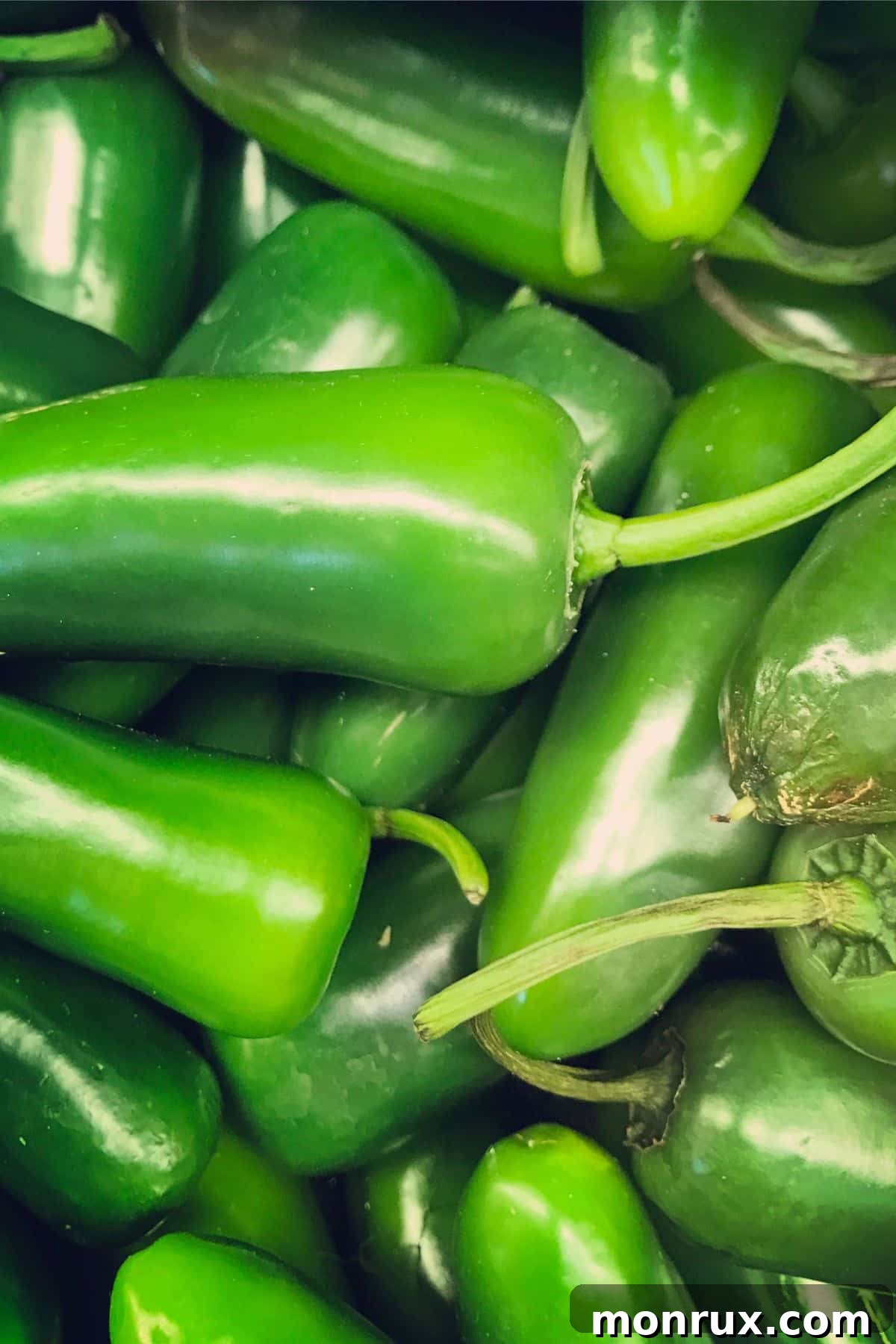 A close-up view of numerous vibrant green jalapeño peppers on a surface.
