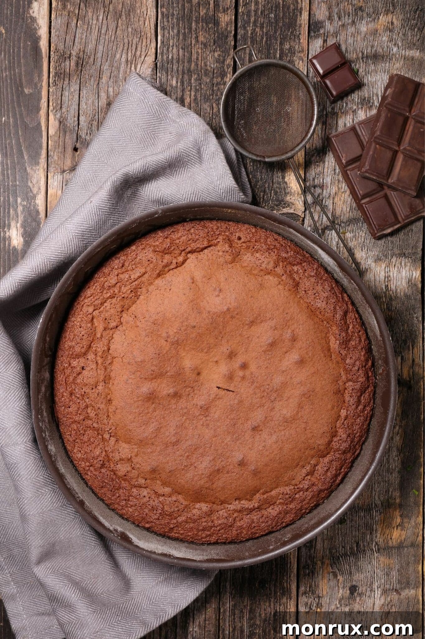 A perfectly baked dairy-free chocolate cake layer in a round metal cake pan, showcasing its even rise and rich brown color.