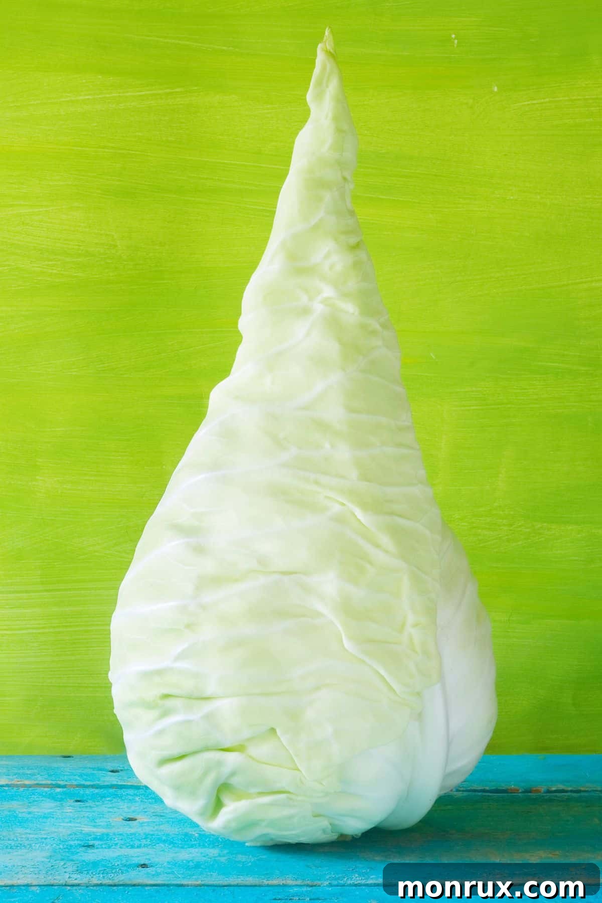 A single, fresh hispi cabbage with its distinctive pointed shape, set against a soft green background.