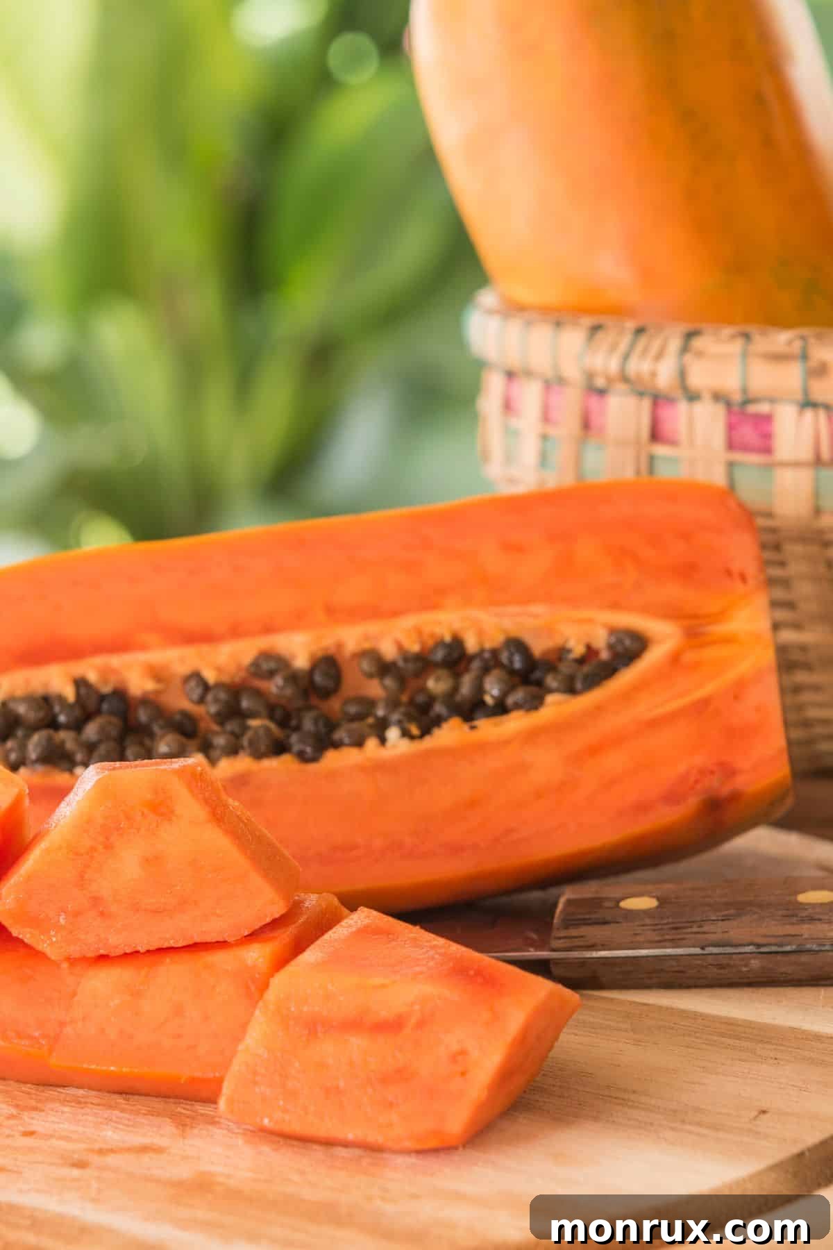 A freshly sliced, ripe papaya revealing its vibrant orange flesh and black seeds, resting on a rustic wooden cutting board.