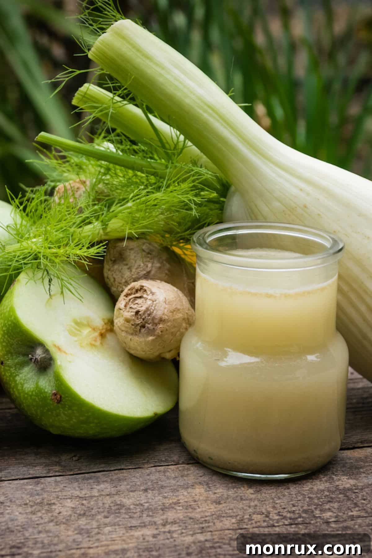 A glass of fennel juice next to fennel, apple, and ginger.