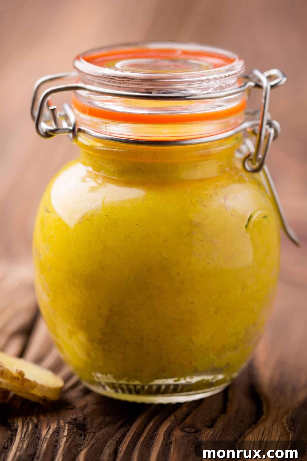 A small locking lid jar of ginger paste, with fresh ginger root and slices beside it.