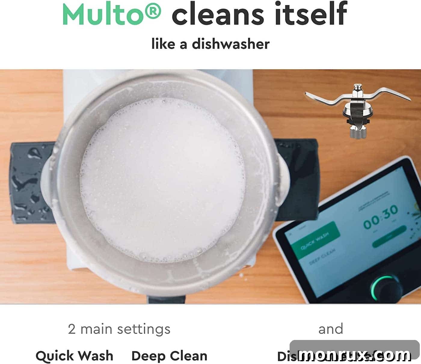 Infographic showing Multo kitchen appliance self-cleaning process.