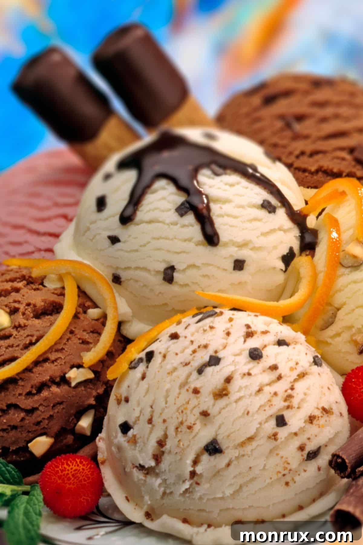 A vibrant selection of ice cream with various toppings and rich chocolate drizzles, representing sugary foods to avoid for arthritis.