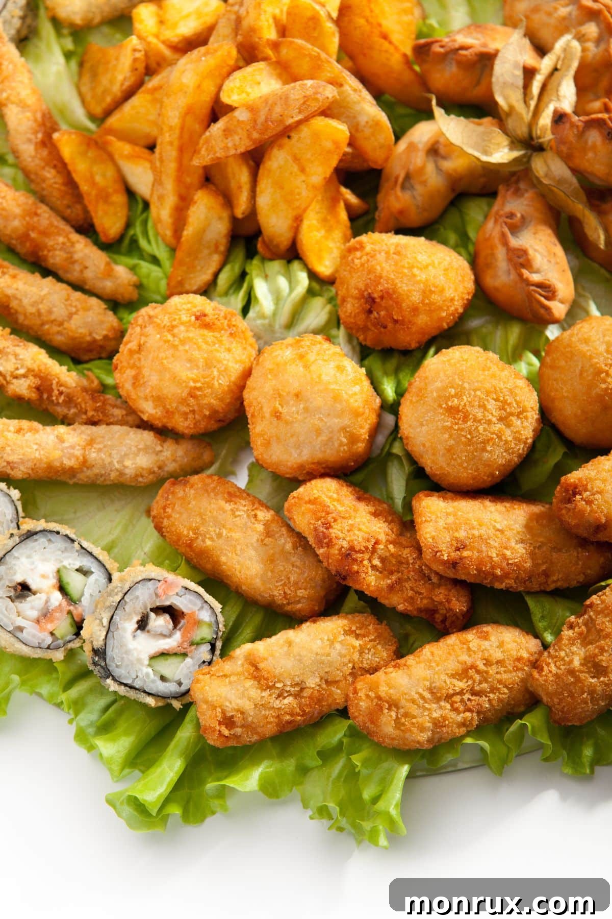 A diverse assortment of crispy fried foods neatly arranged on a plate, highlighting items to reduce for arthritis management.