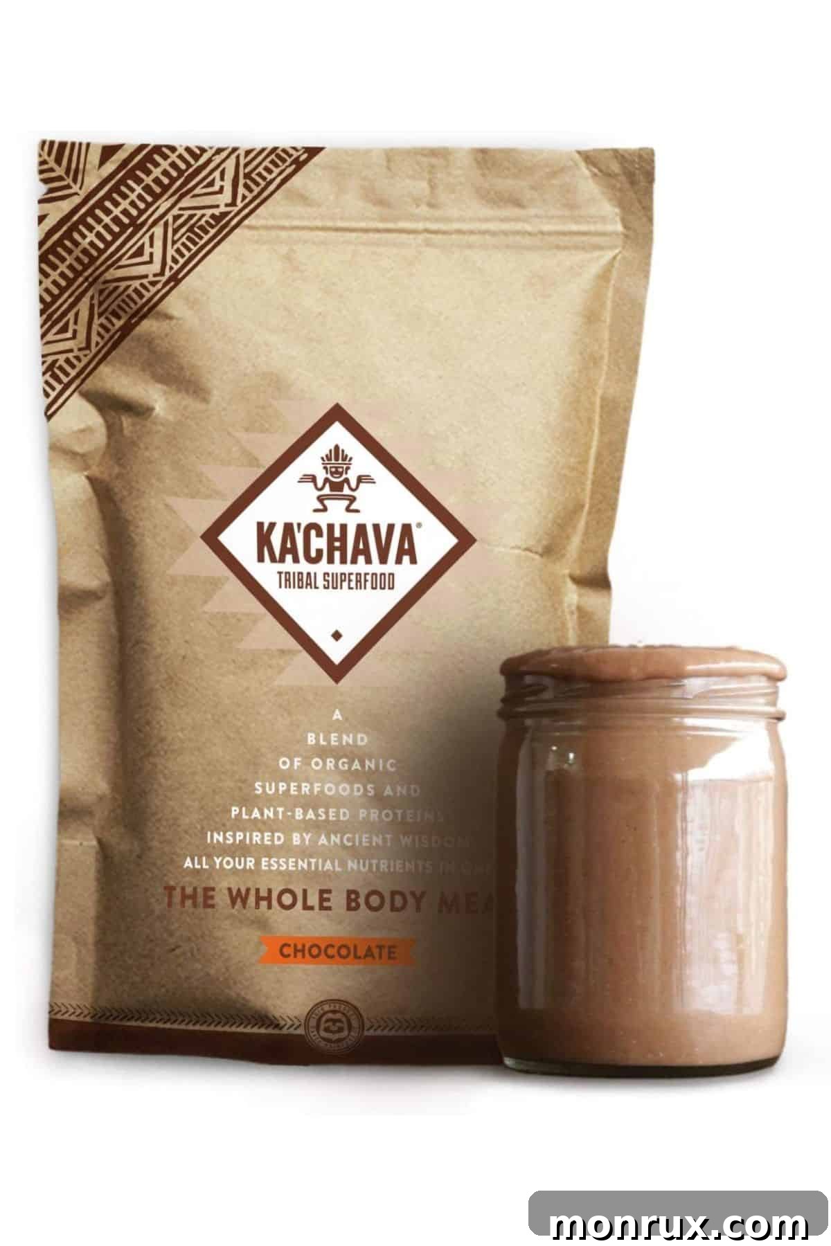 A bag of Ka'chava Tribal Superfood, a popular plant-based meal replacement powder, standing upright. The packaging highlights its natural ingredients and superfood blends, setting the context for an in-depth nutritional review.