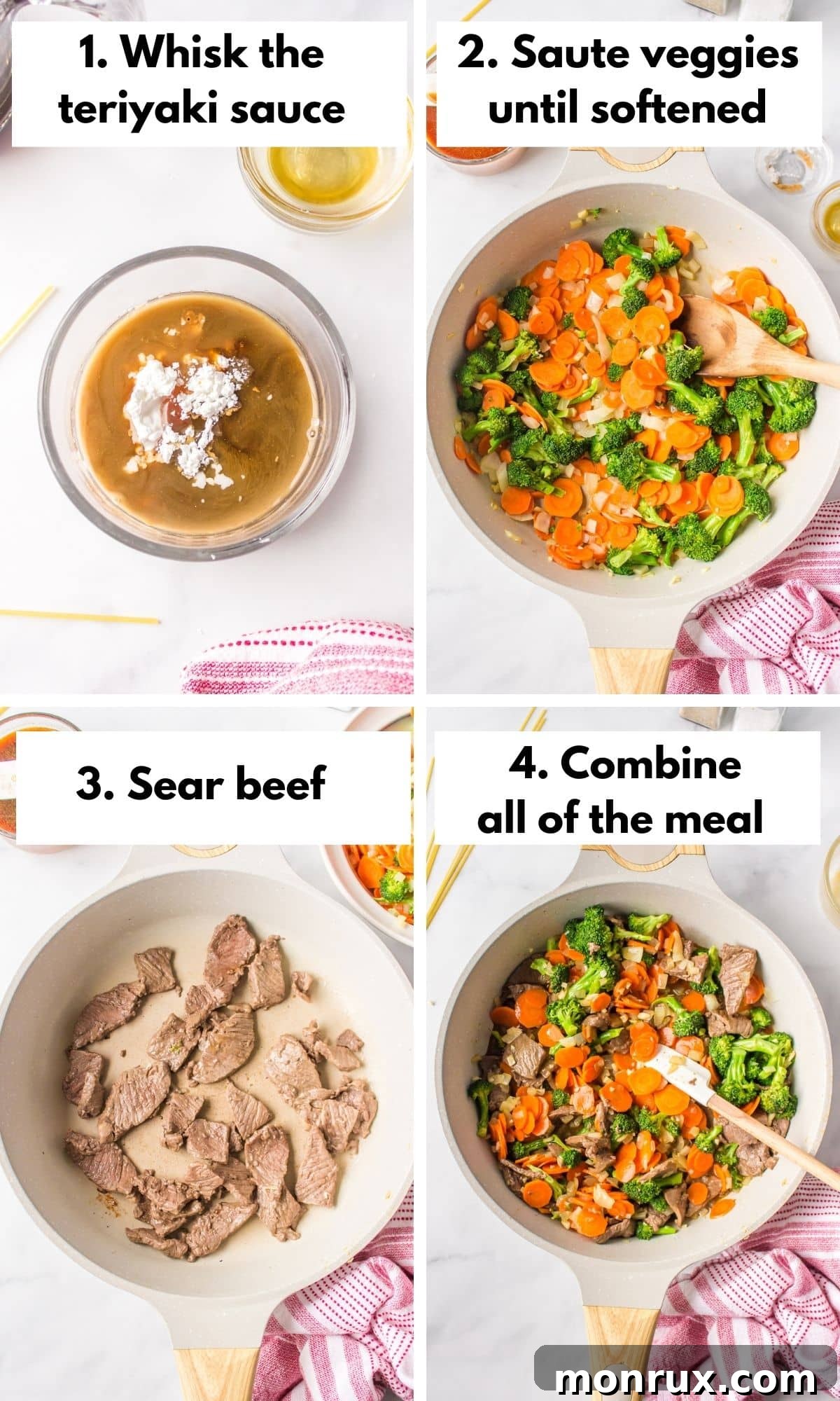A photo collage illustrating the various stages of sautéing teriyaki beef and vegetables in a skillet.