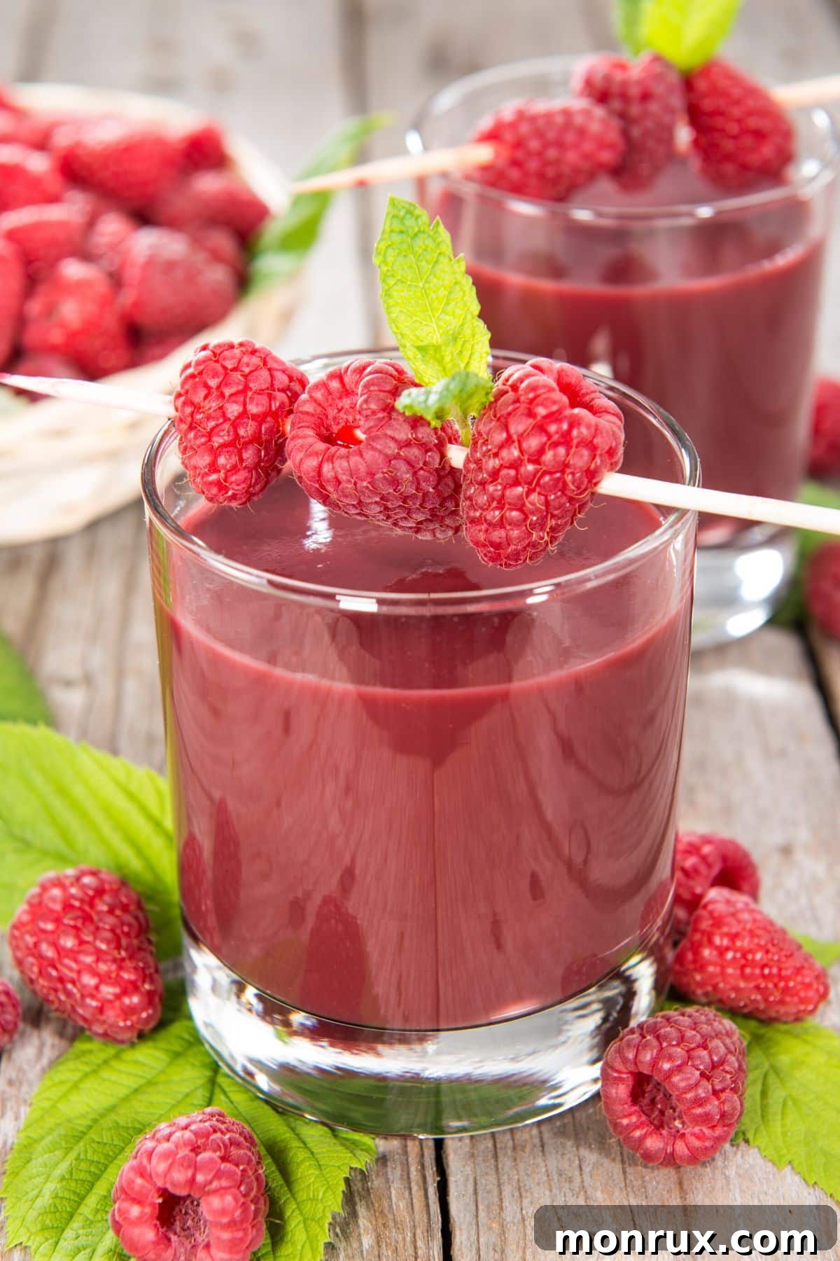 A skewer of raspberries across a glass of freshly made raspberry juice, garnished with mint.