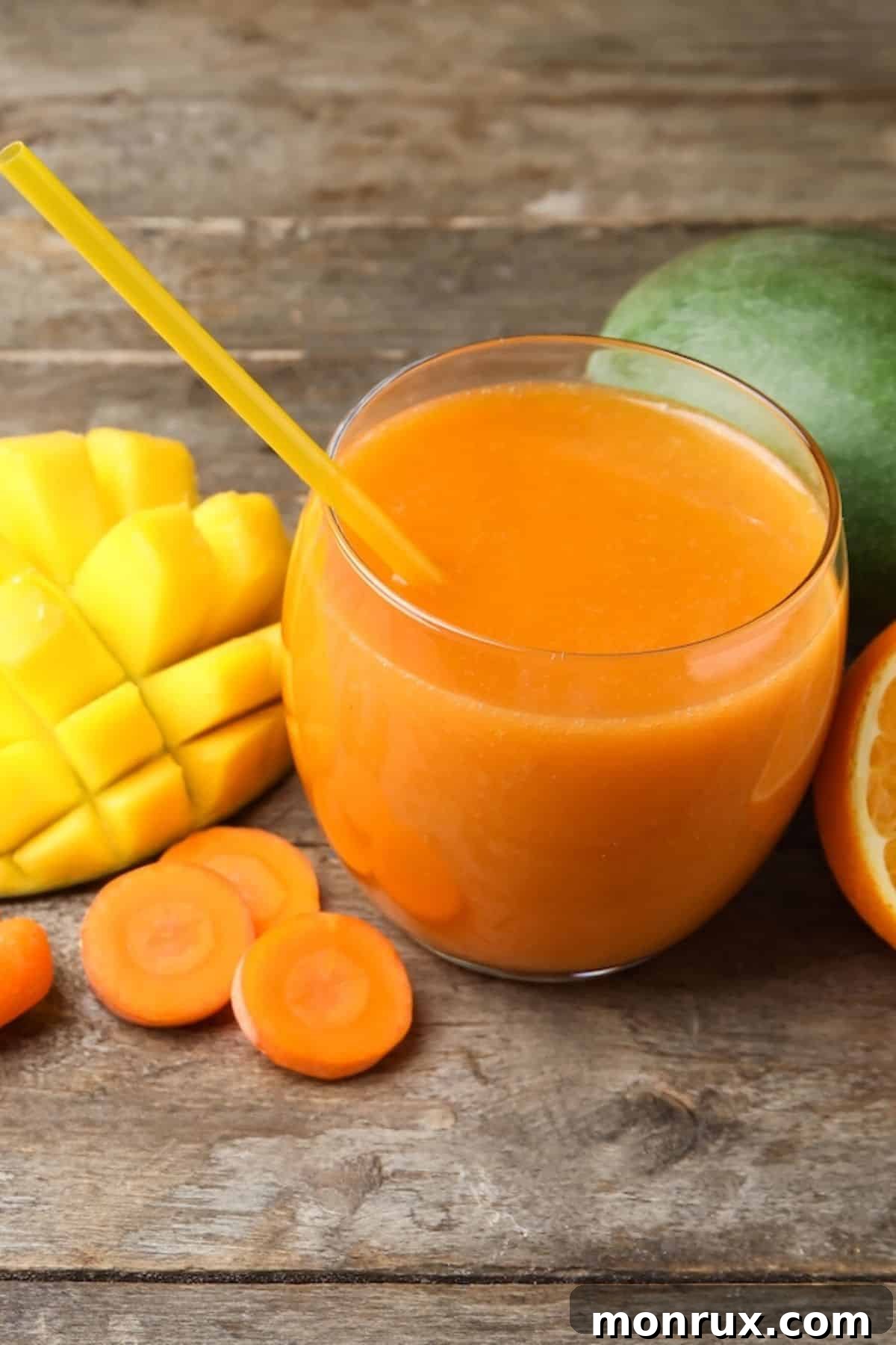 A short glass of carrot mango juice with a yellow straw.