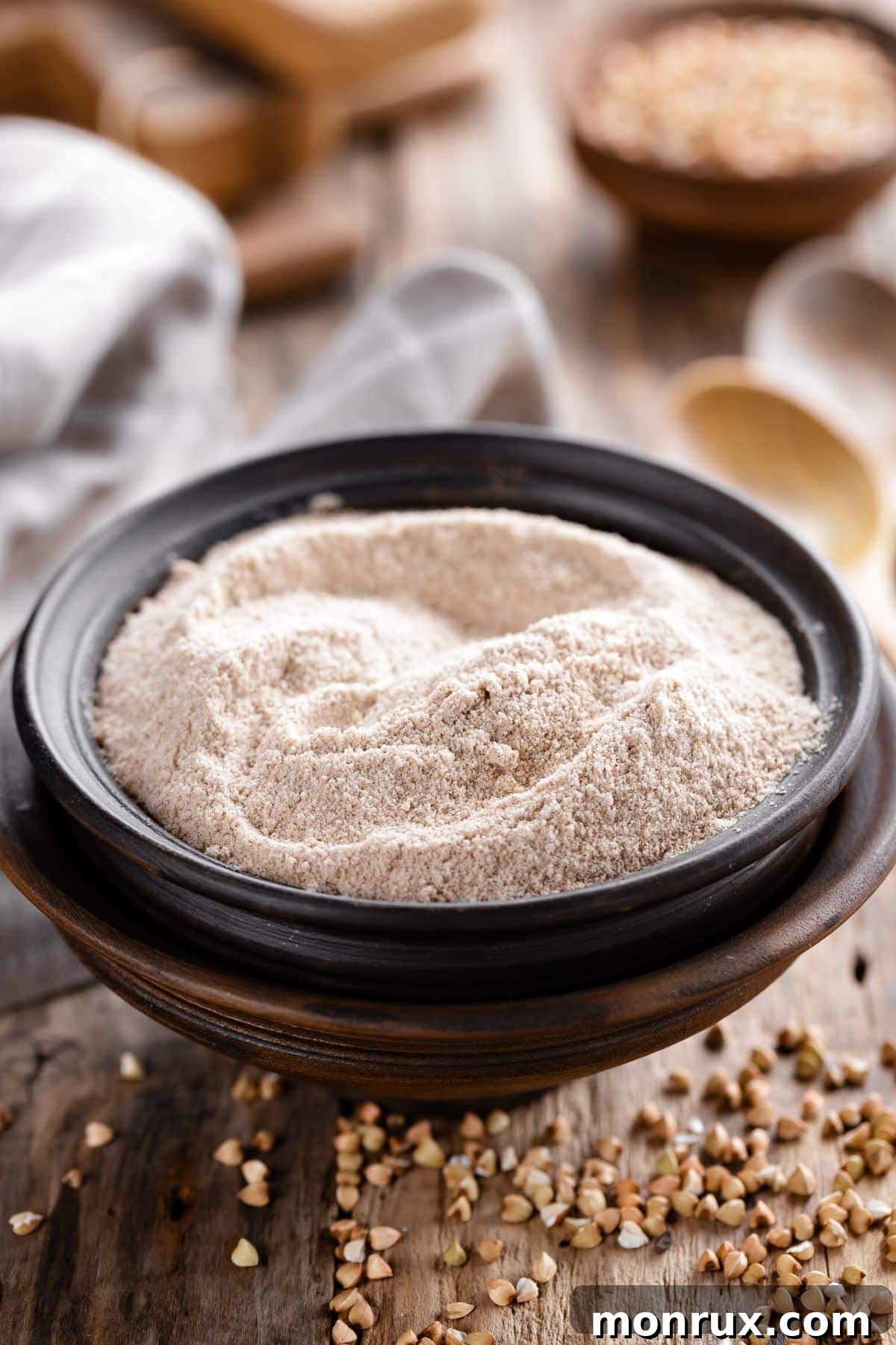 A small black bowl of freshly ground buckwheat flour, ready for baking with a spoon.