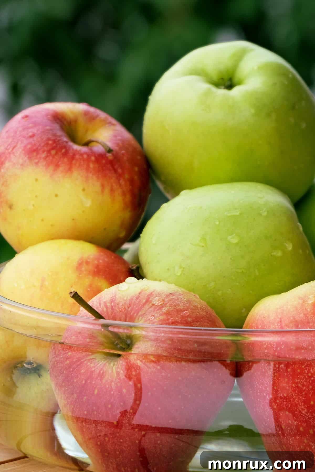 Fresh apples piled in a glass bowl, showcasing their natural beauty.