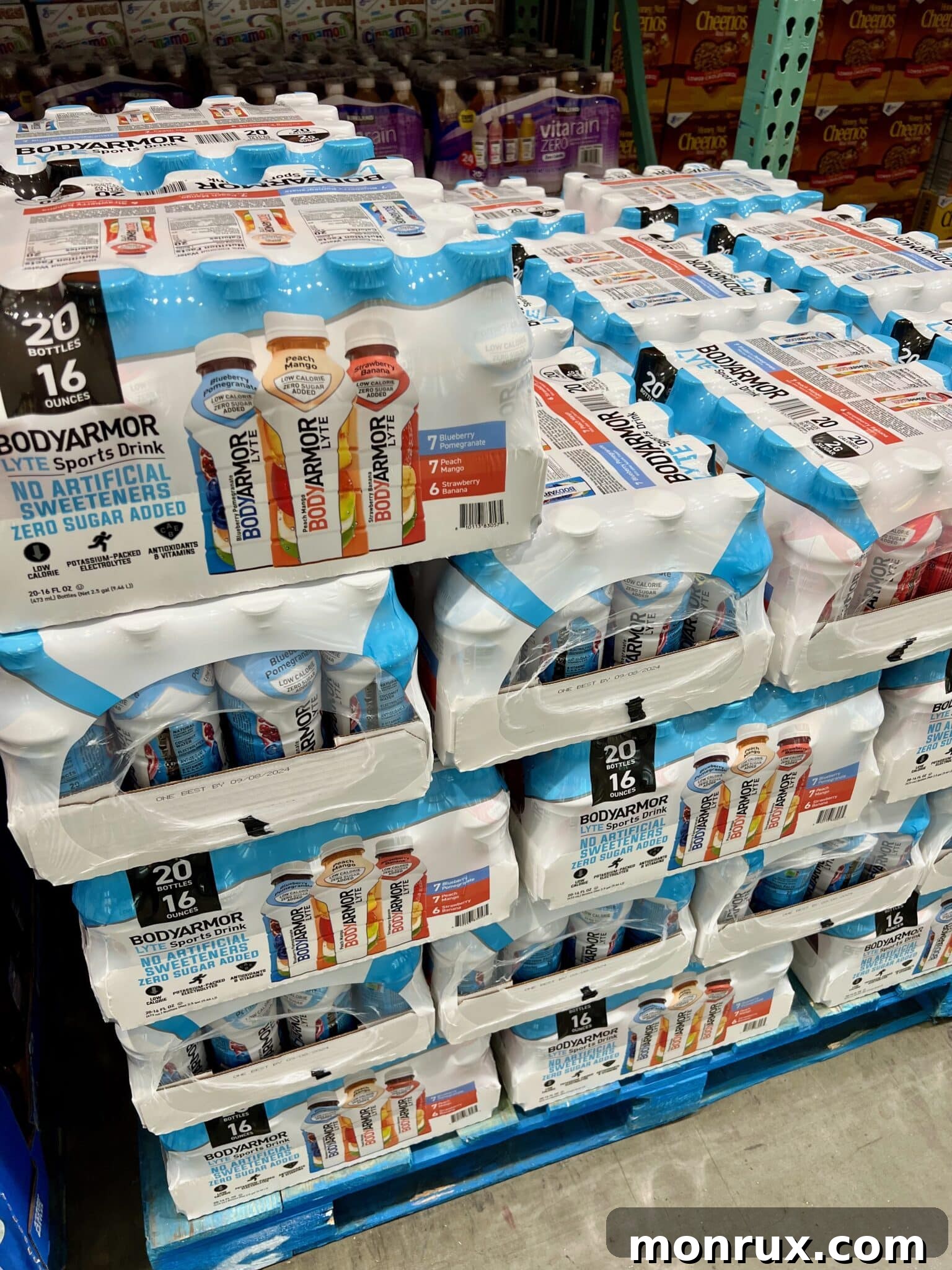 Stacks of BODYARMOR LYTE cases at Costco, showing bulk availability.