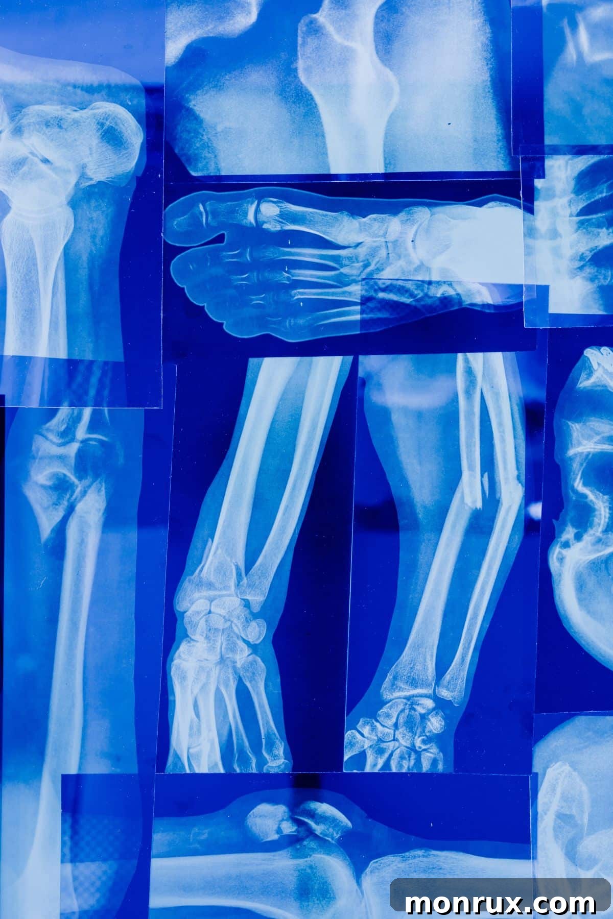 Stacked x-rays of various bones showcasing the importance of skeletal health.