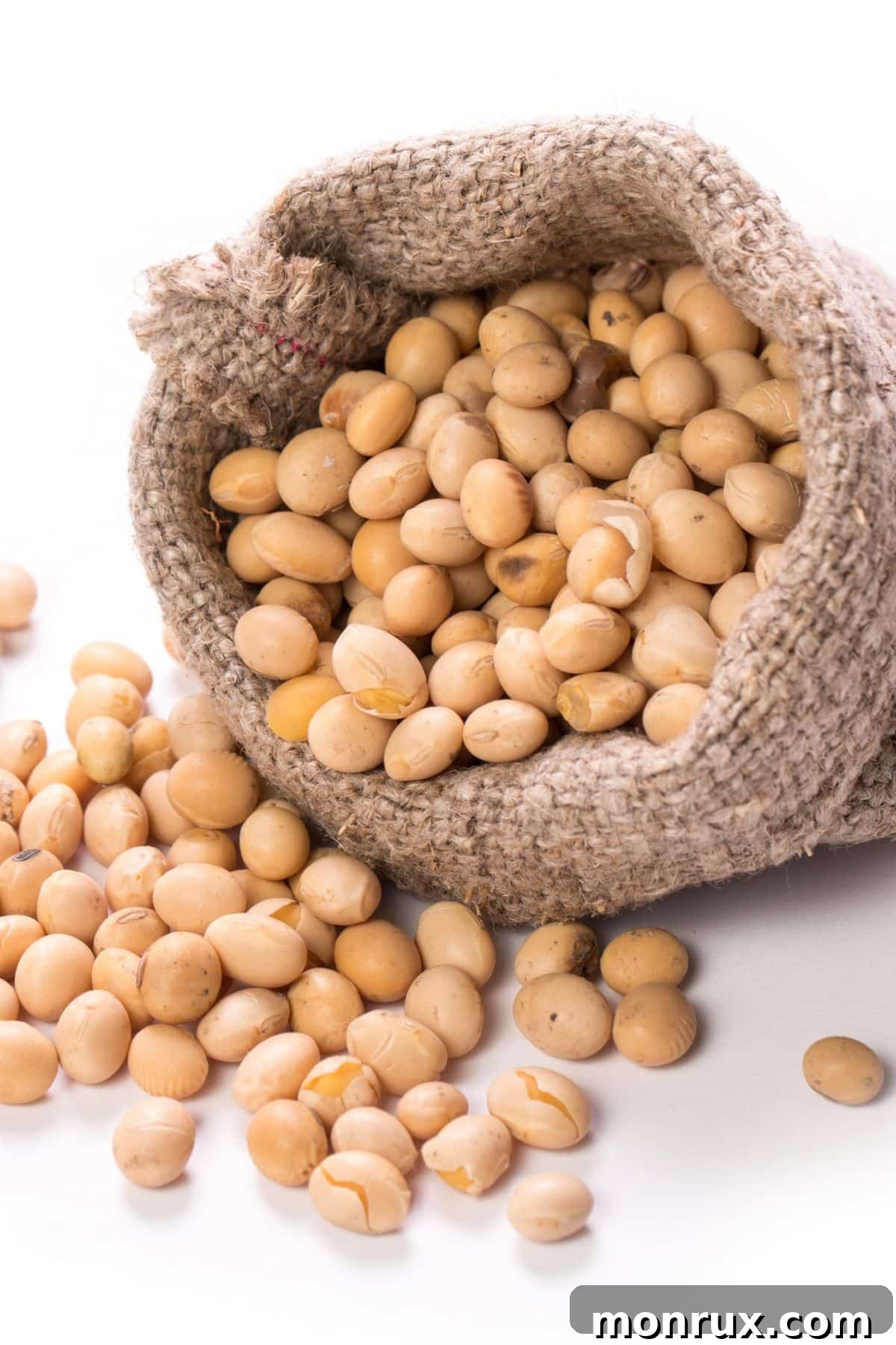 a bag of soy beans spilling out onto a white surface.