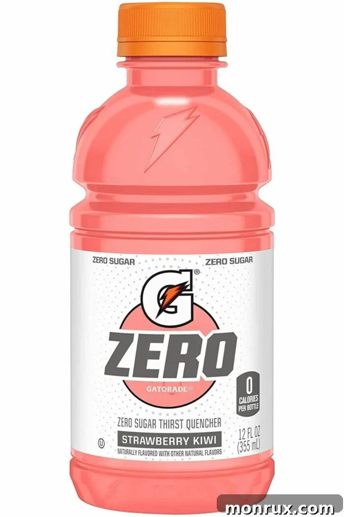 A bottle of Gatorade Zero in Strawberry Kiwi flavor, highlighting its 'zero sugar' claim.