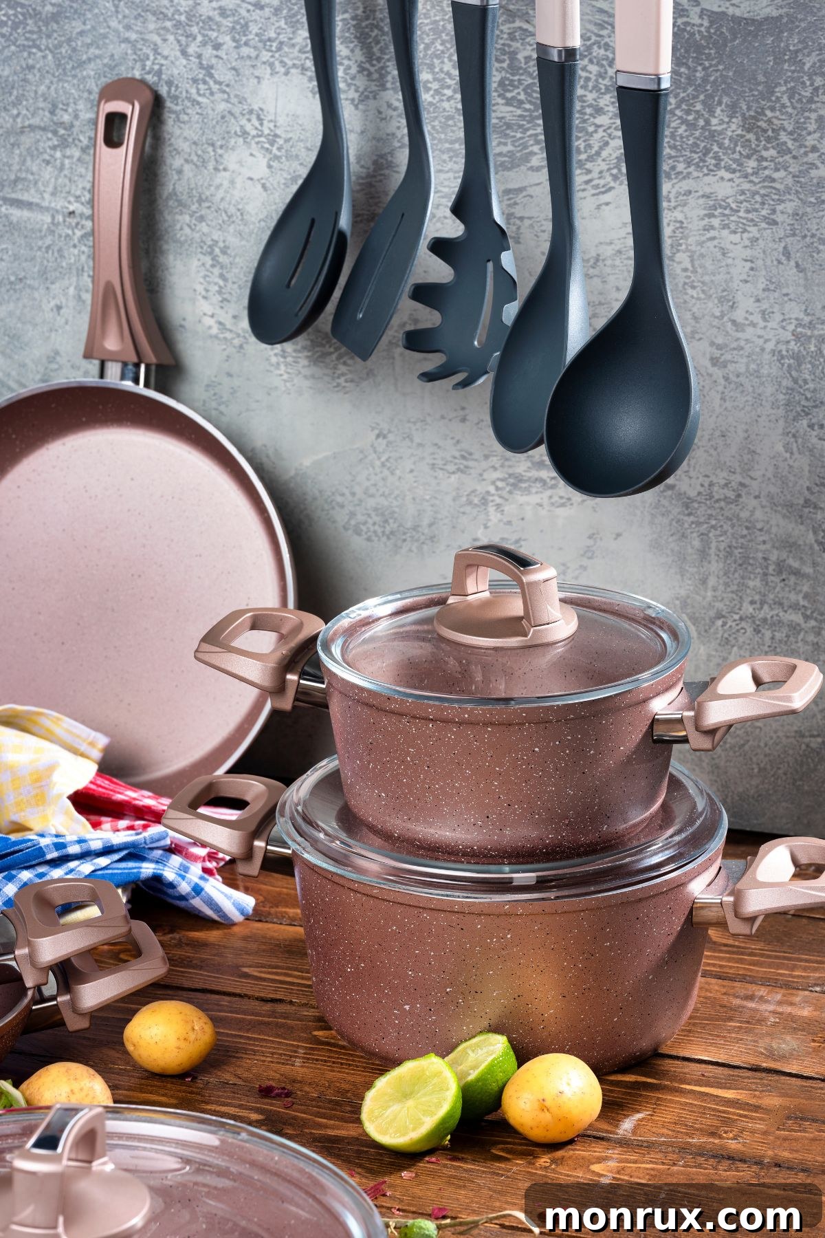 a collection of various pots and pans, including cast iron and non-stick, arranged on a kitchen counter.