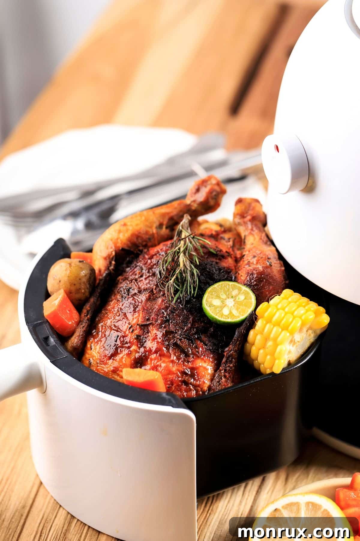 an air fryer with a whole, cooked chicken in the basket, looking golden brown and crispy.