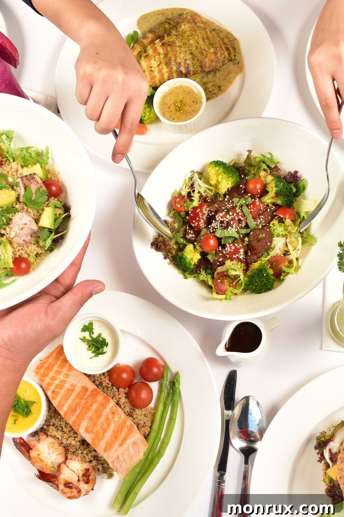 a variety of vibrant, nutritious food served on white plates, showcasing healthy home-cooked meals.