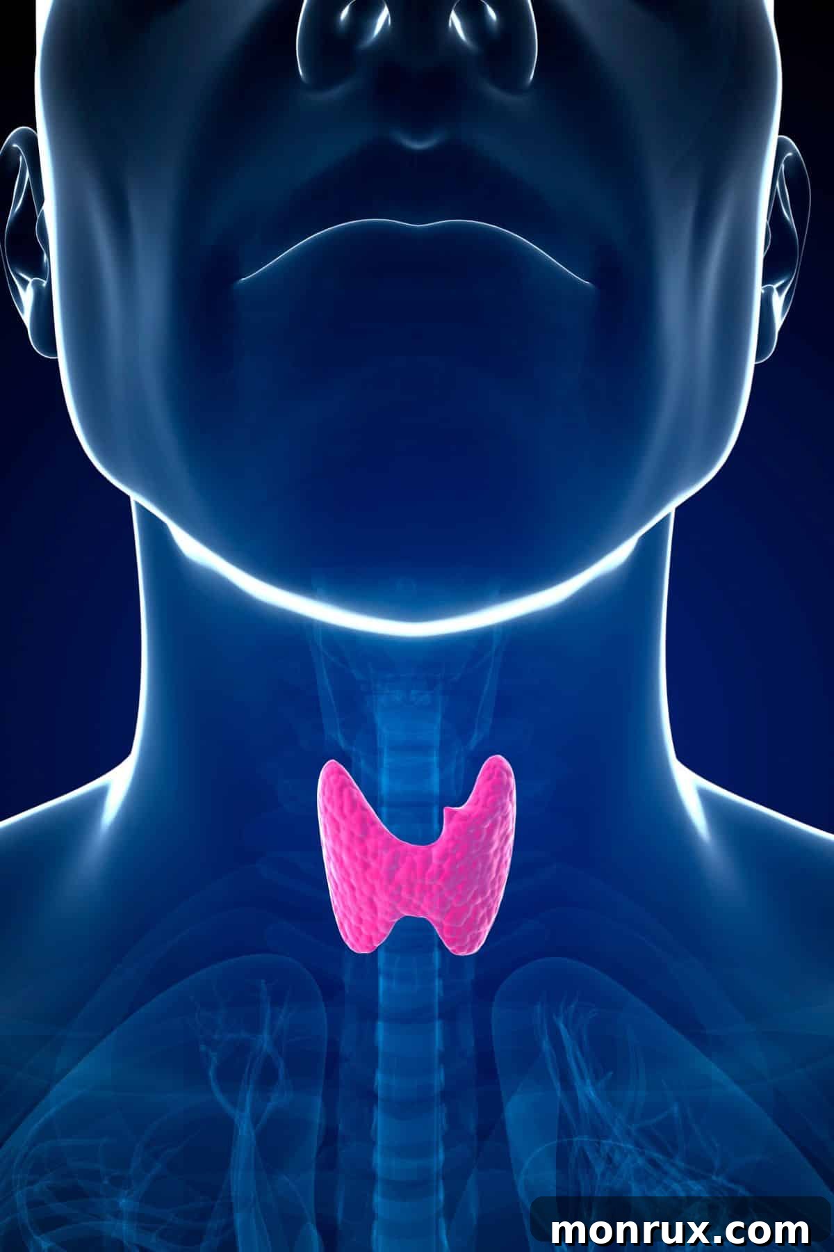 An anatomical illustration highlighting the thyroid gland within the human neck, symbolizing thyroid health and function.