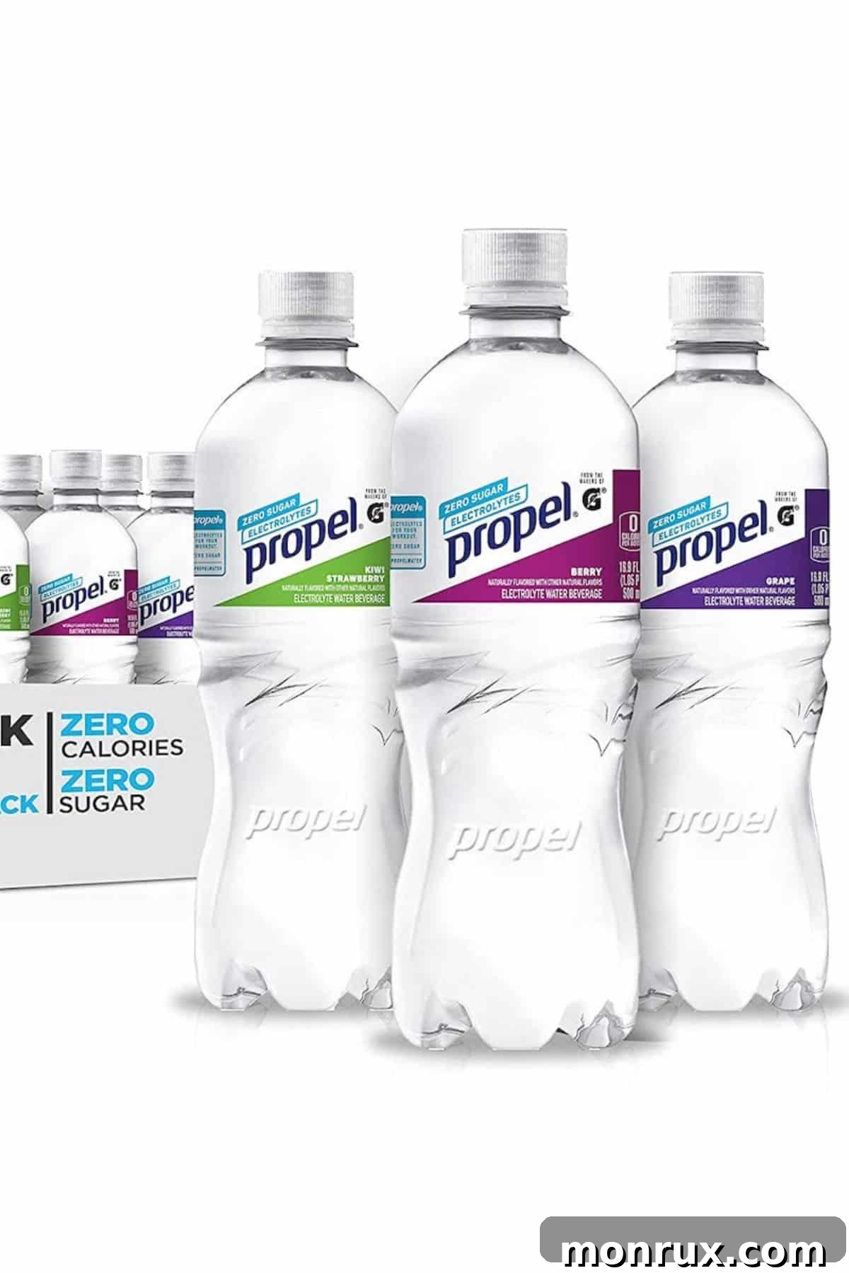 A variety of bottles of Propel water in different flavors.