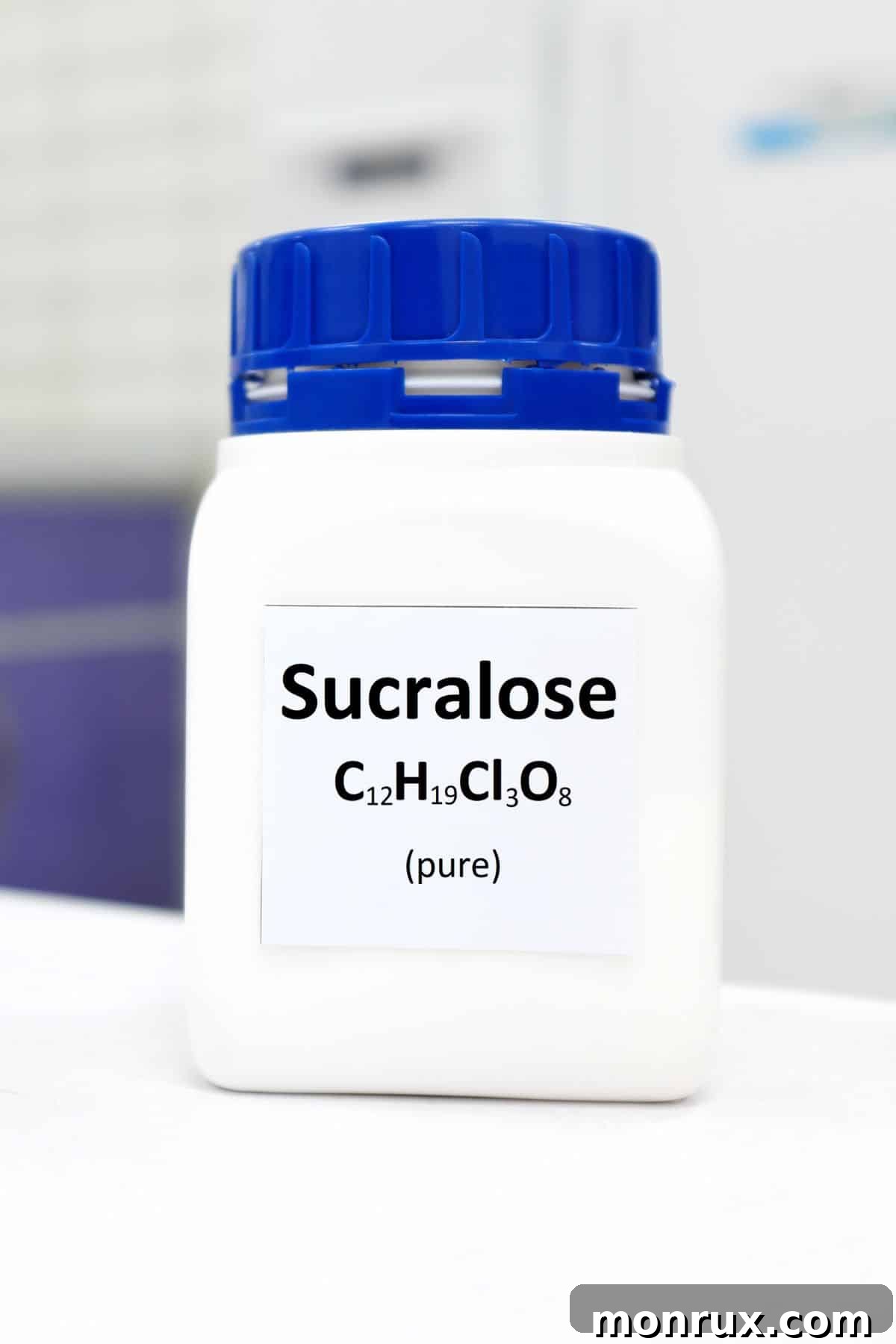 A bottle labeled sucralose, an artificial sweetener.