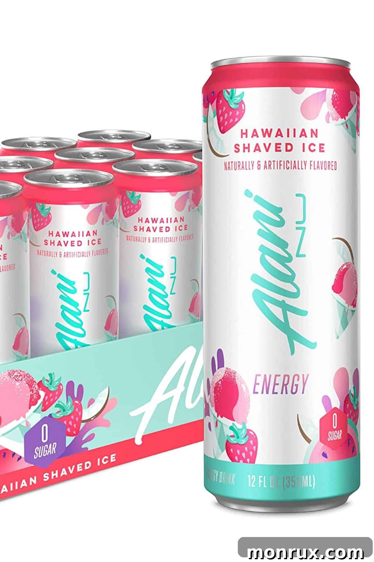 A vibrant can of Alani Energy Drink standing prominently in front of a box filled with more cans, highlighting its energetic branding.