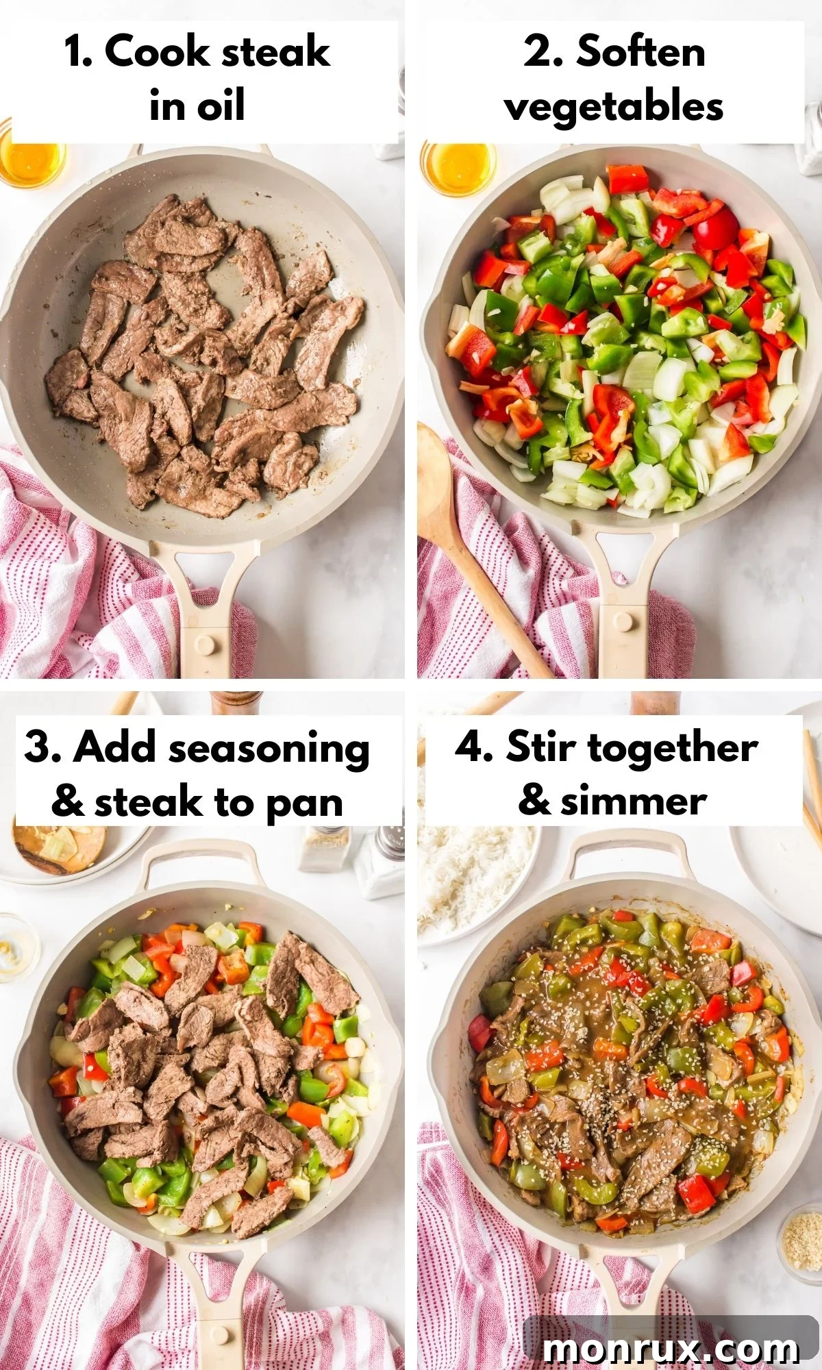 a visual step-by-step guide showing the process of making PF Changs pepper steak: searing steak, cooking vegetables, and combining them with sauce.