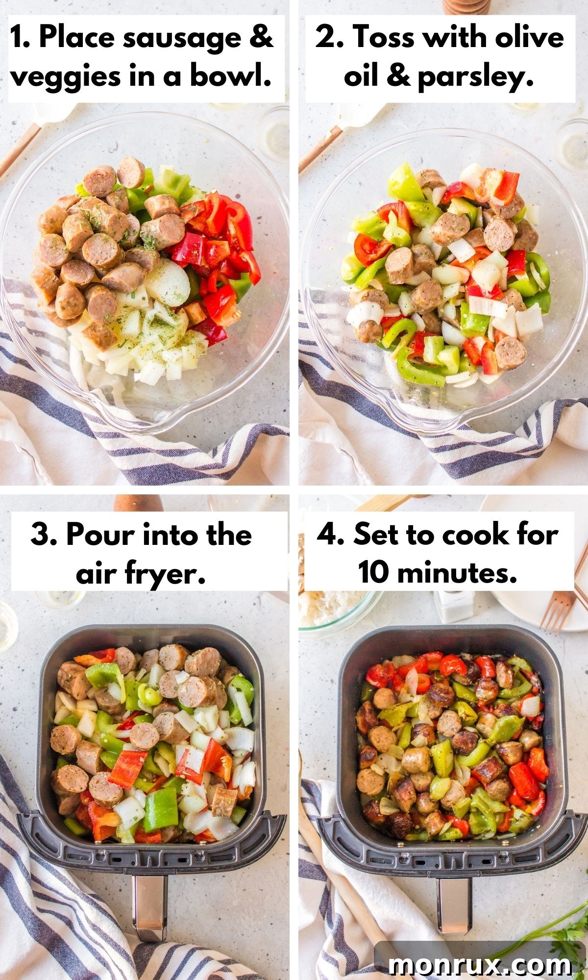 A photographic series depicting the stages of preparing air fryer sausage and peppers: initially, sliced raw ingredients in a bowl; then, seasoned ingredients ready for the air fryer; next, the mixture cooking inside the air fryer basket; and finally, the perfectly cooked, golden-brown sausage and peppers.