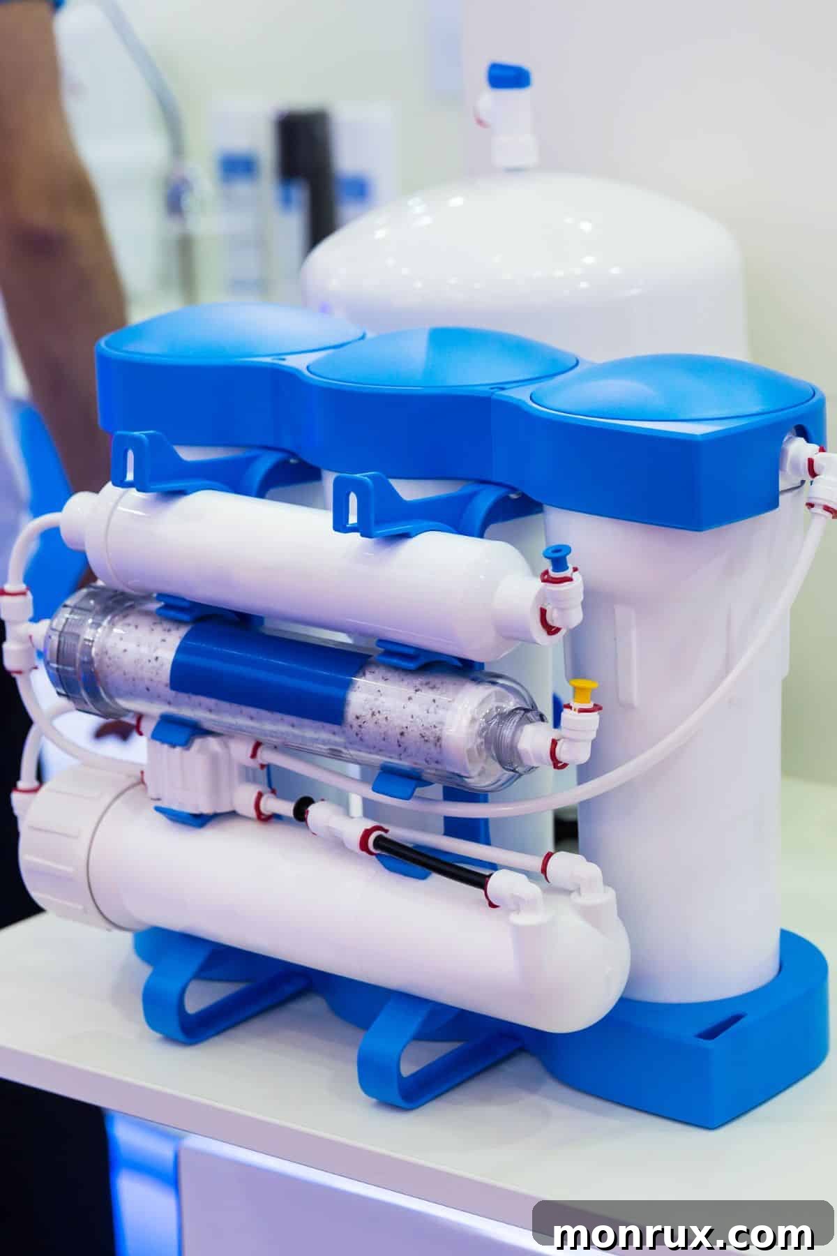 A state-of-the-art reverse osmosis water filtration system installed on a modern kitchen counter, illustrating advanced home water purification.