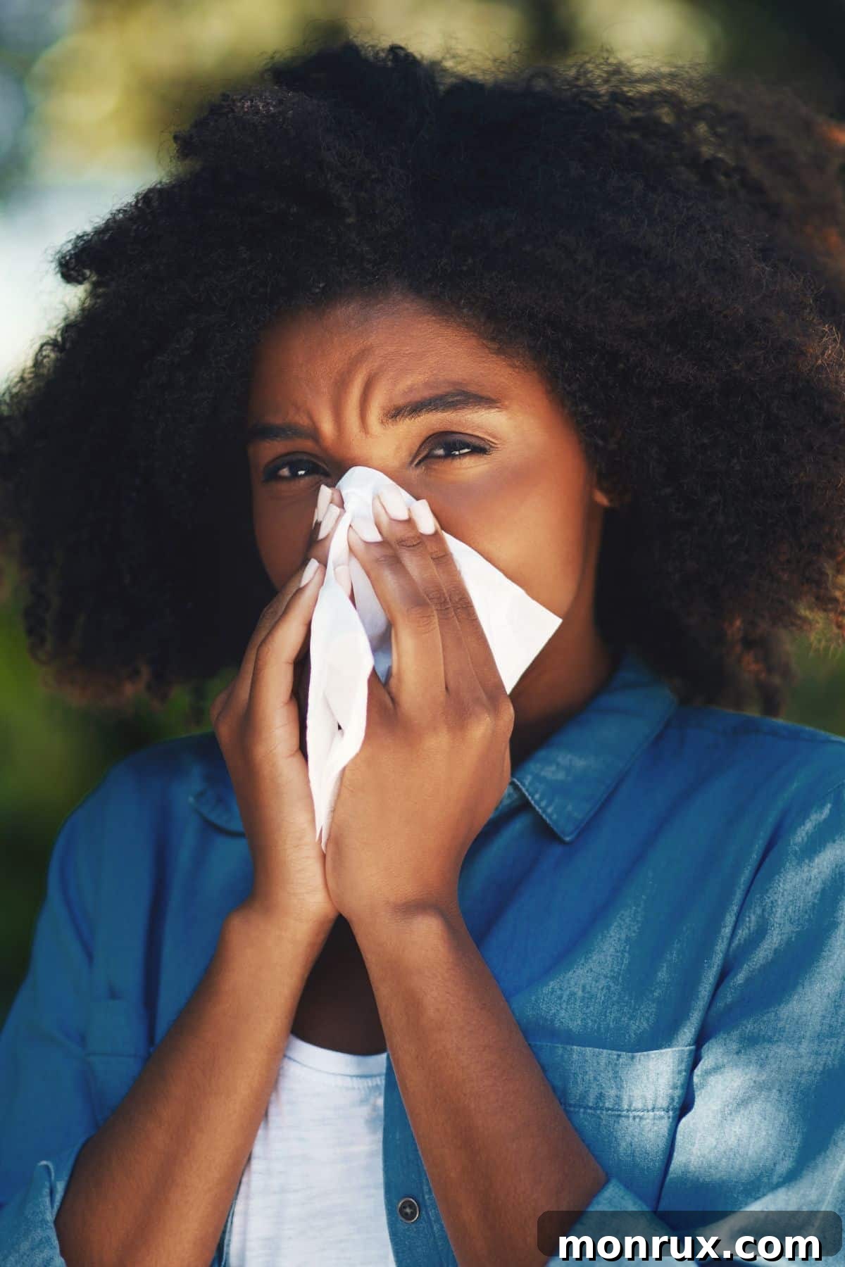 A woman holding a tissue to her nose, suffering from allergies.