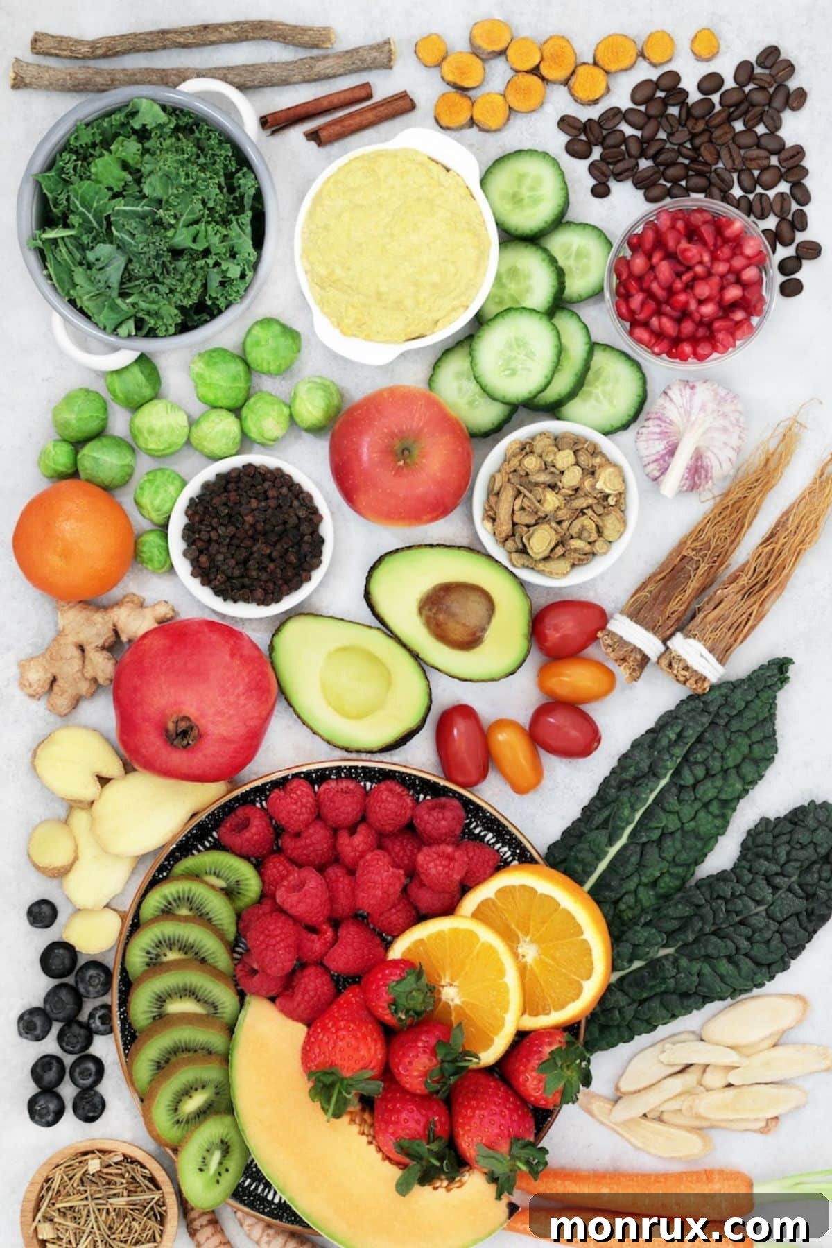 healthy antioxidant rich foods on table.