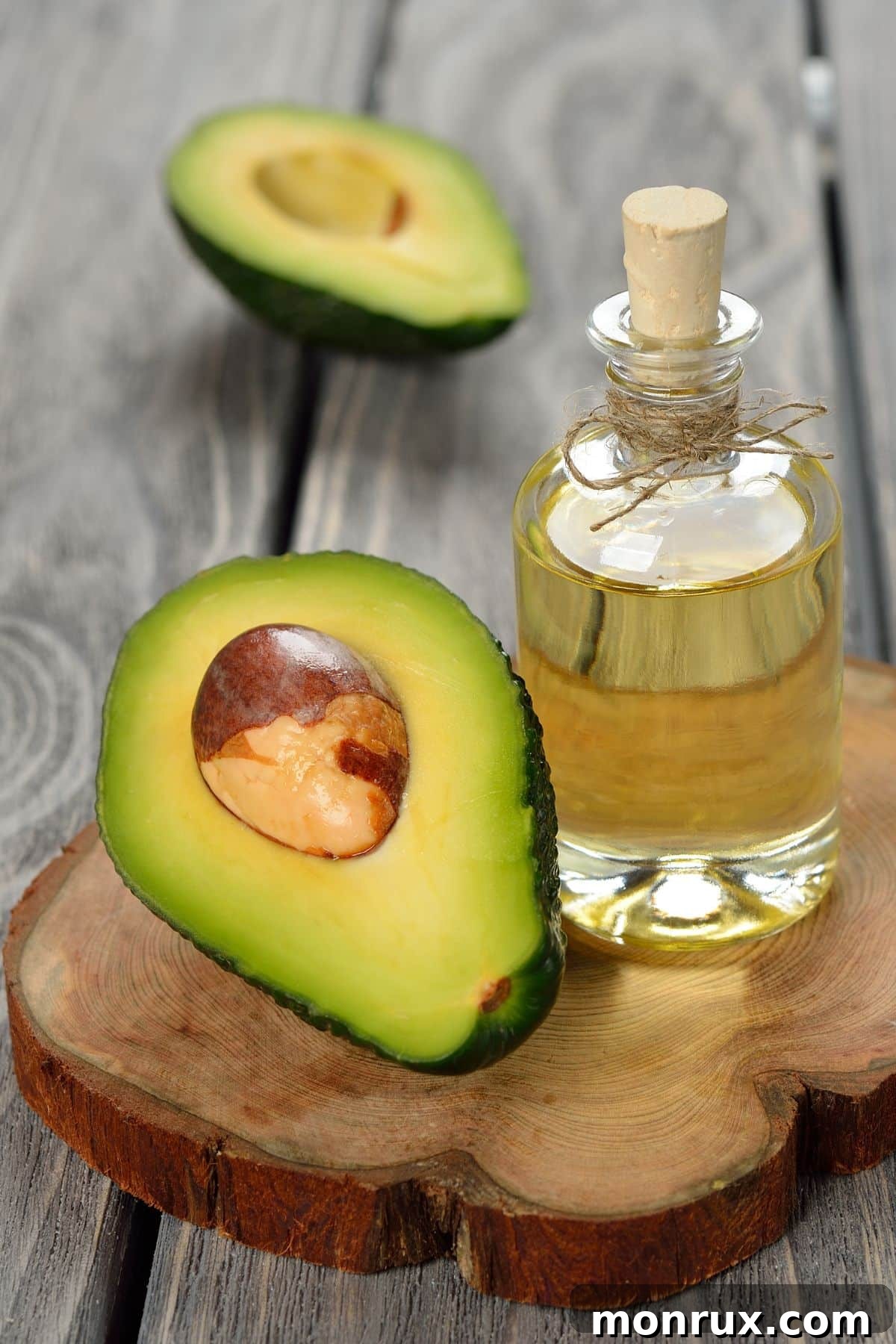 A jar of avocado oil next to a sliced avocado, symbolizing natural health.
