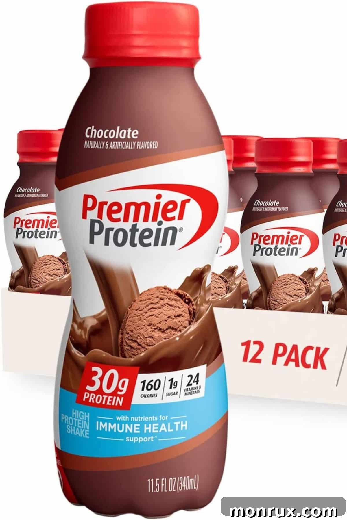 A bottle of Chocolate Premier Protein shake in front of a 12-pack of similar drinks, highlighting the convenience and variety.