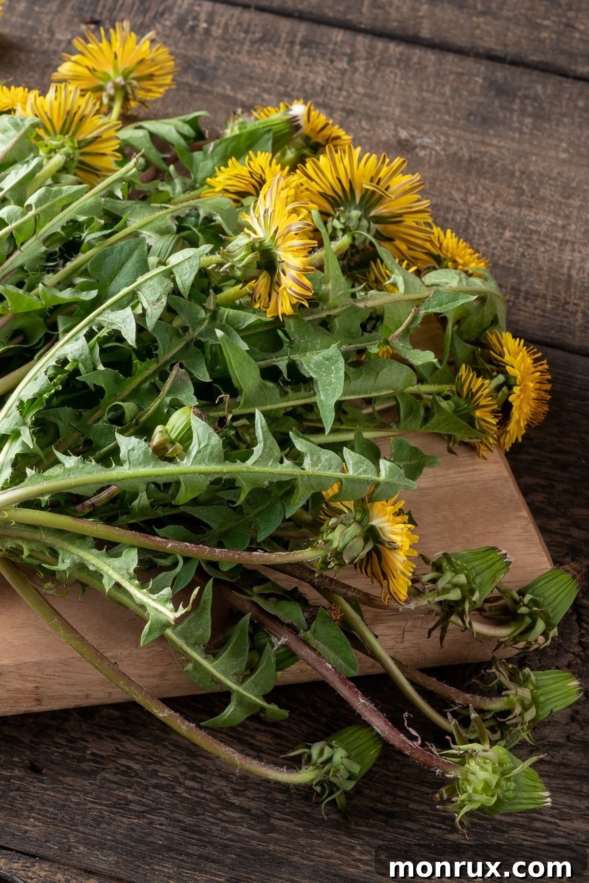 A cluster of dried dandelion plants, including leaves, stems, and roots, presented on a wooden cutting board, highlighting its use in herbal medicine.