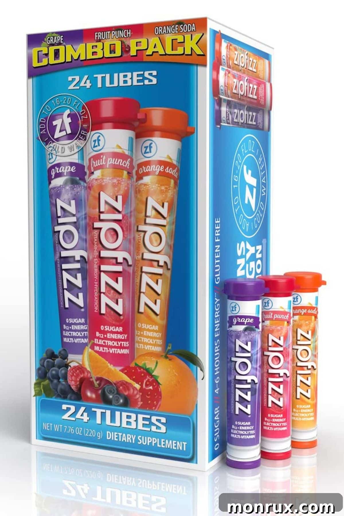 A box containing 24 Zipfizz tubes in three distinct flavors, ready for consumption.