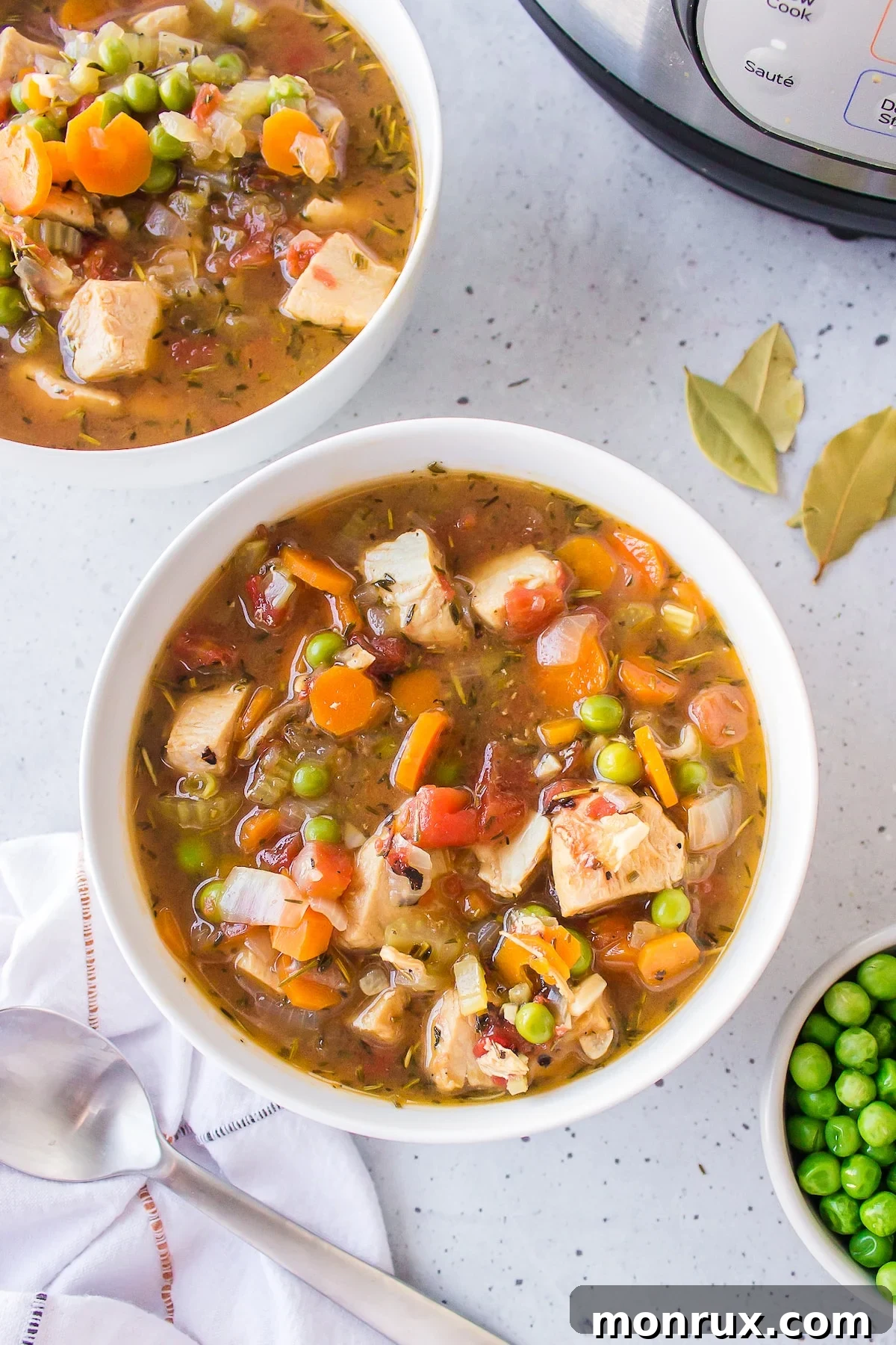 A hearty bowl of Instant Pot Chicken Stew, ready to be served on a rustic wooden table.