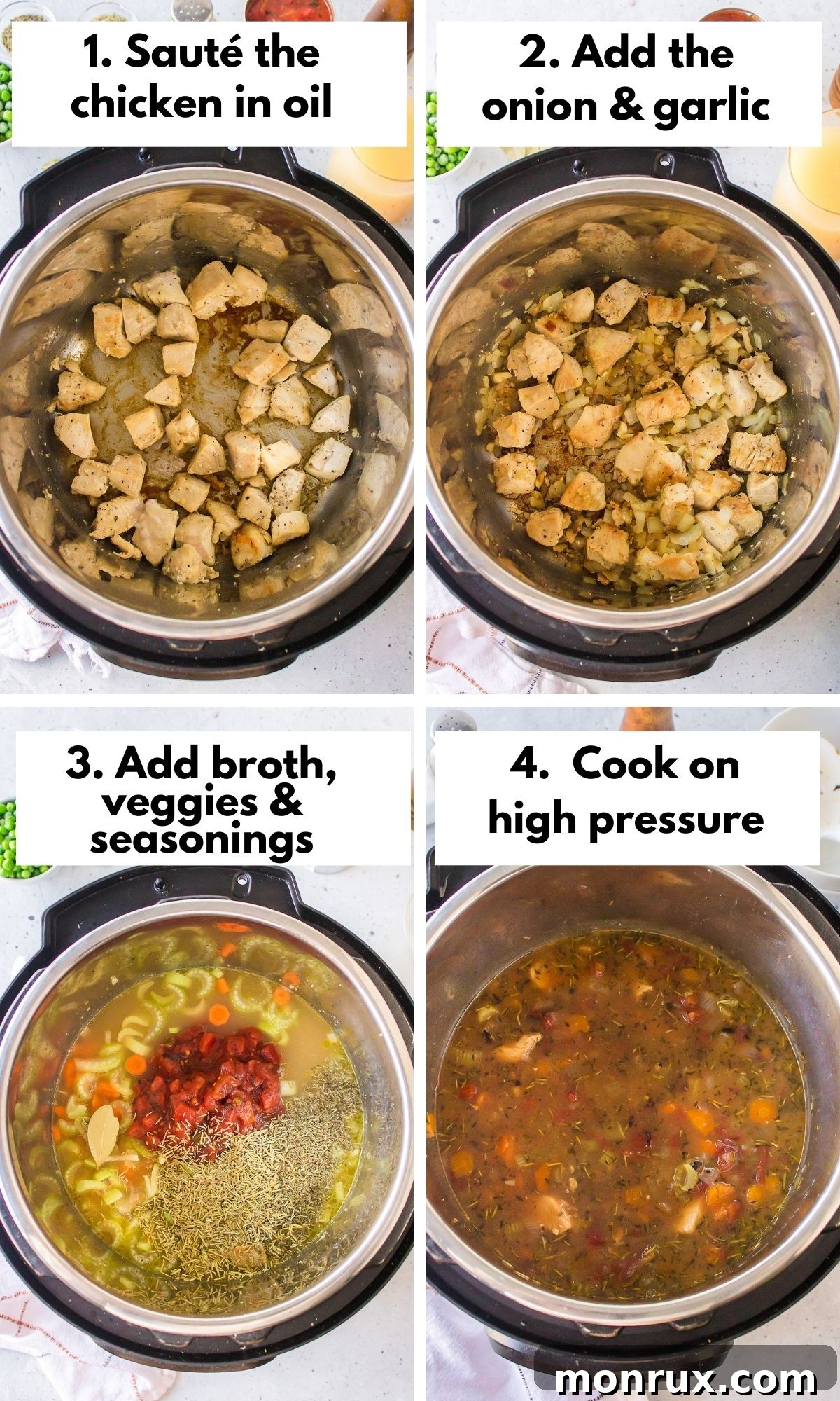 A visual guide showing the step-by-step process of cooking Instant Pot Chicken Stew.
