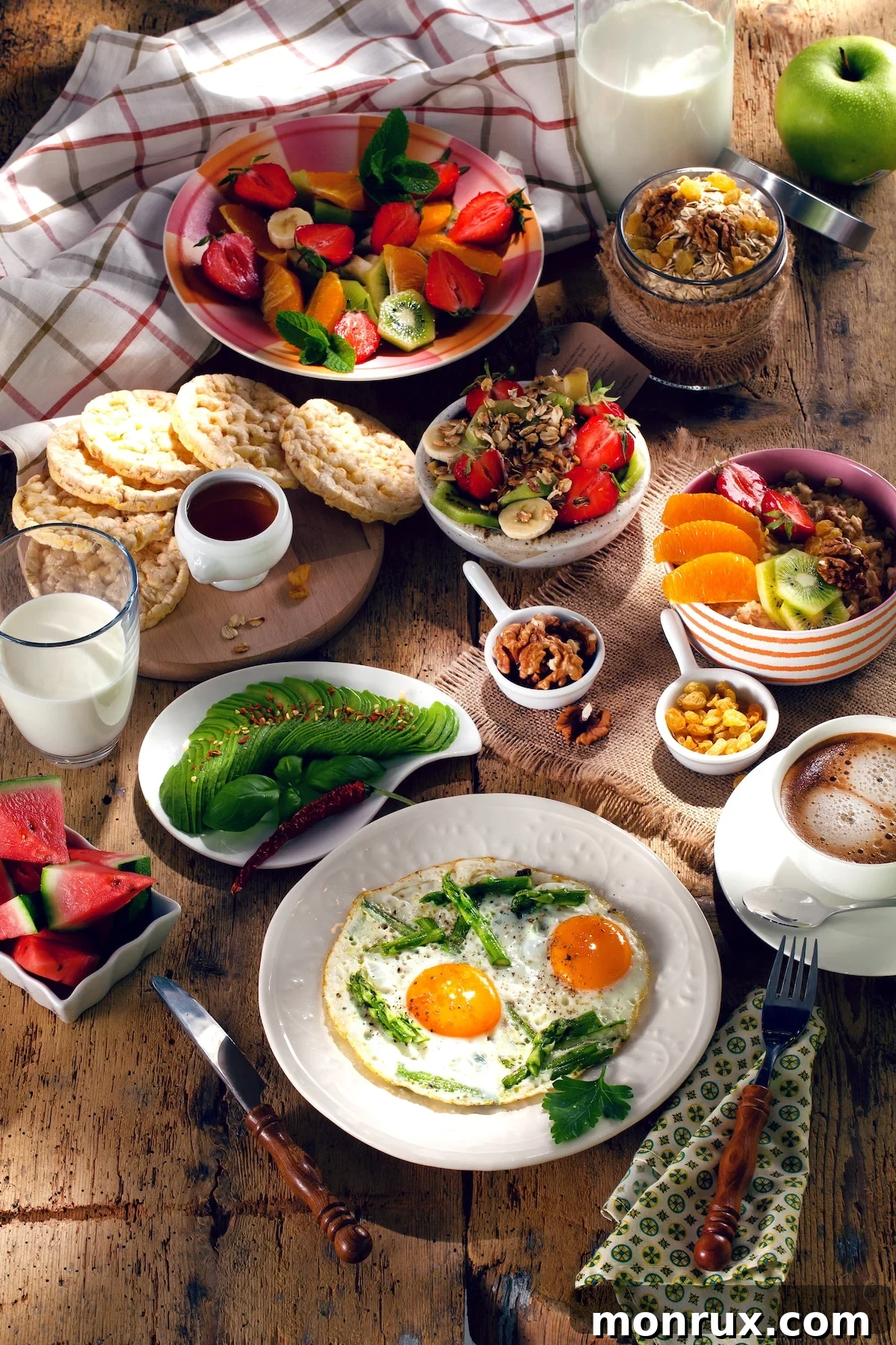 Collection of vibrant gluten-free and dairy-free breakfast dishes, including smoothies, baked goods, and egg-based meals.