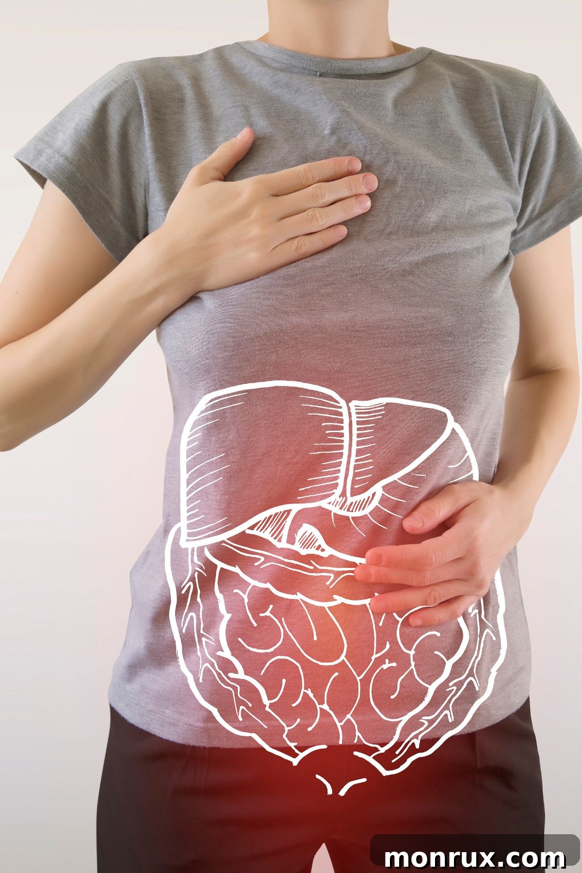 an illustration of a digestive tract on a photo of a woman holding her abdomen. 