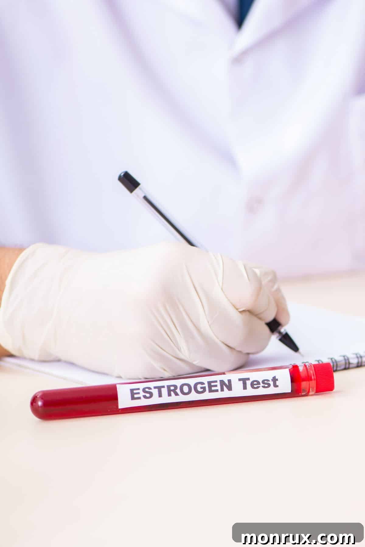 a vial in front of a doctor labeled "estrogen test".
