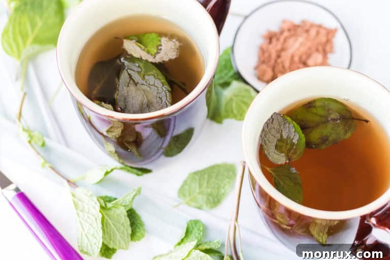 Two mugs filled with chocolate mint tea ready to drink, garnished with fresh mint