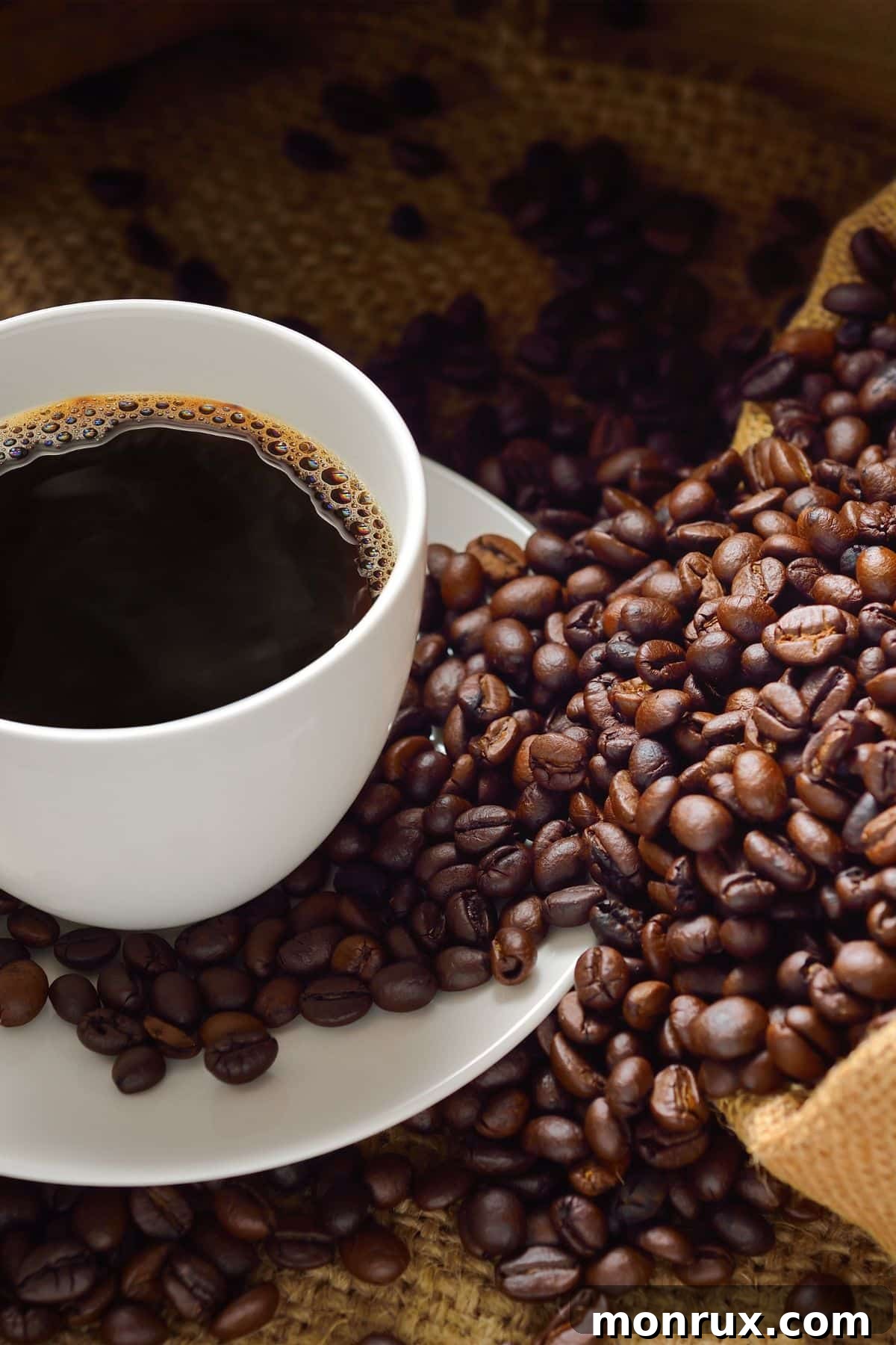 A close-up of a cup of freshly brewed coffee next to a scattering of roasted coffee beans, highlighting the essential ingredient for any coffee drink.