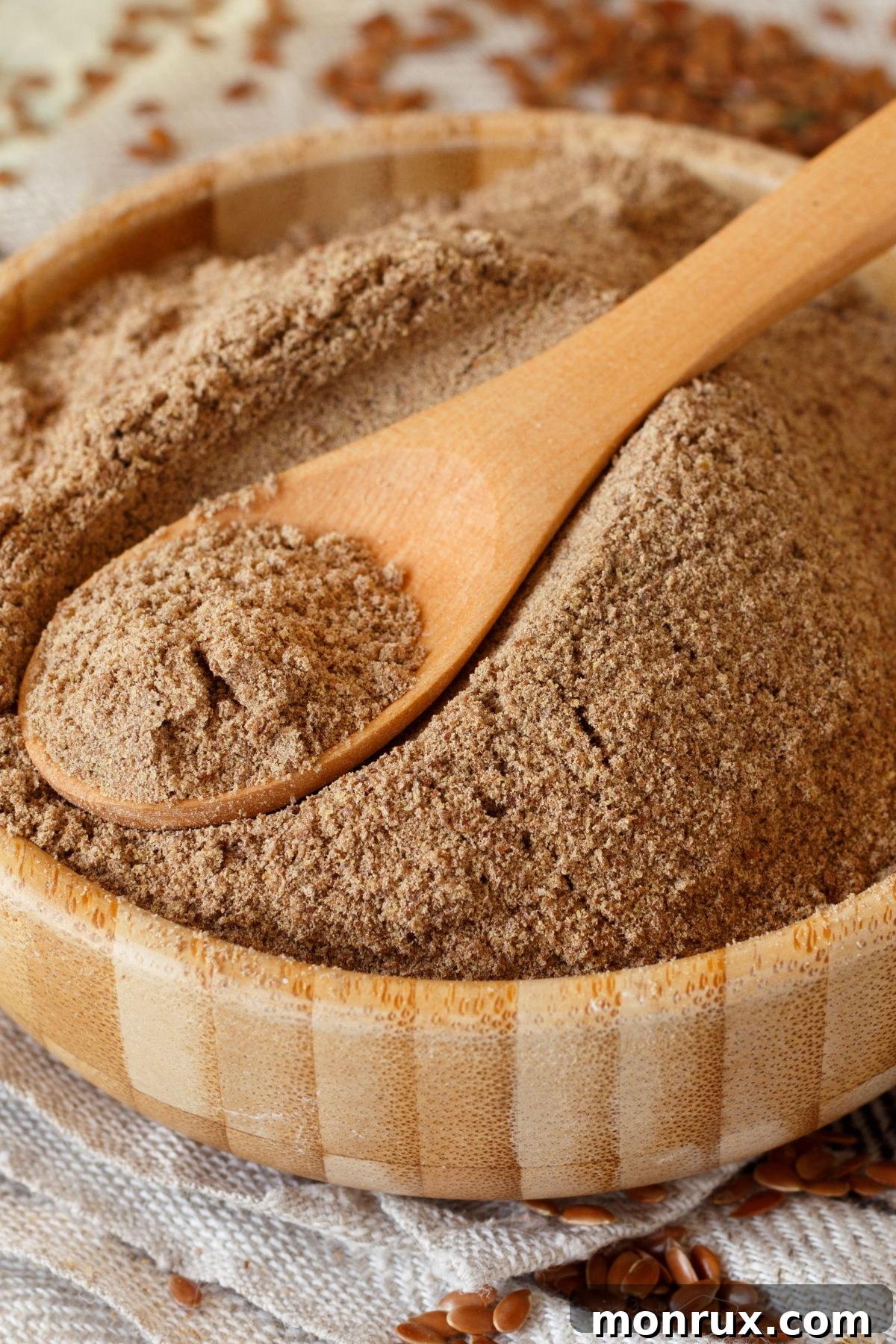 A metal spoon overflowing with ground flaxseeds, showcasing their fine texture and readiness for culinary use.